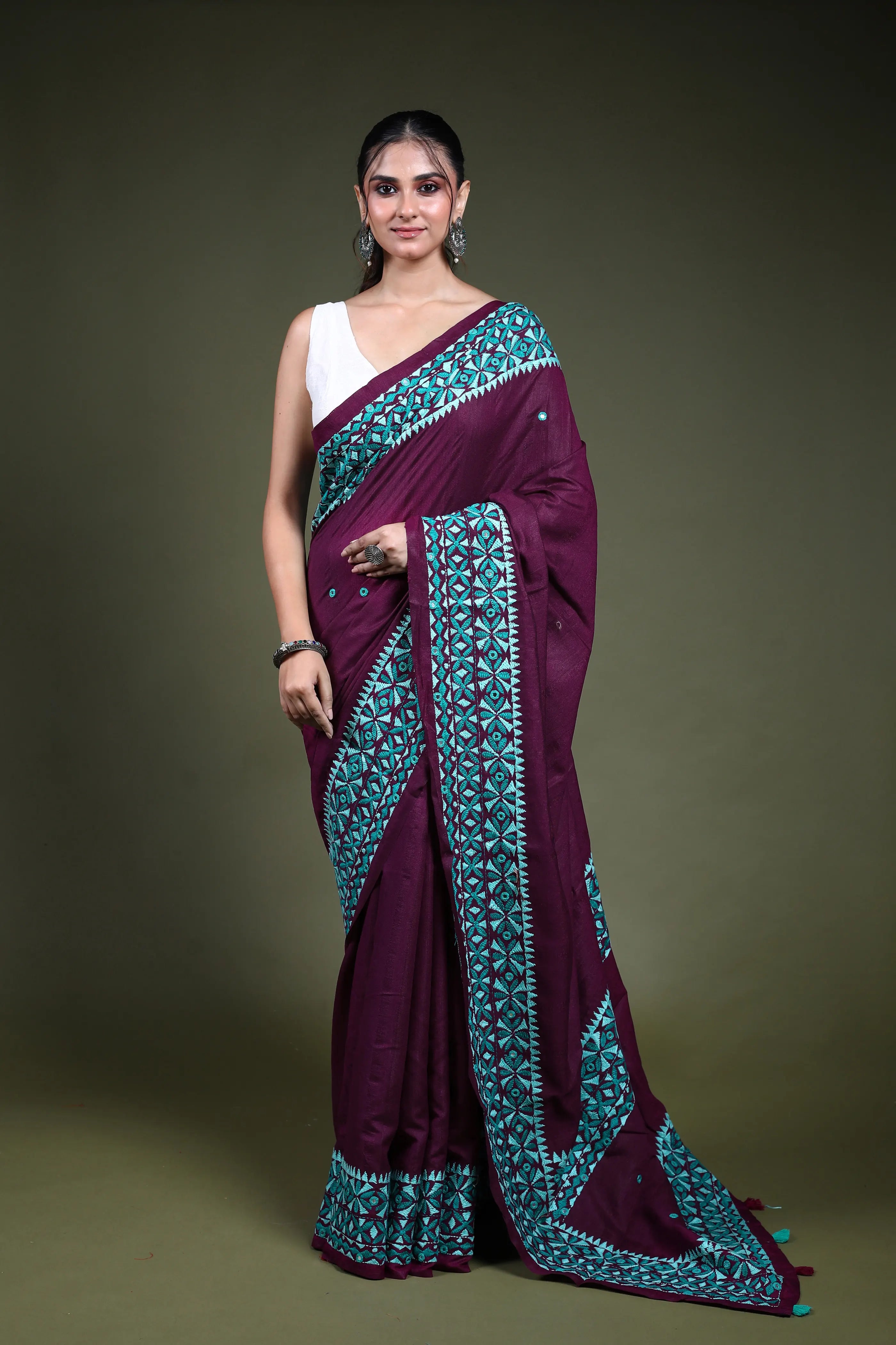 Wine Blended Tussar Kathiyawadi Saree with Blouse Piece