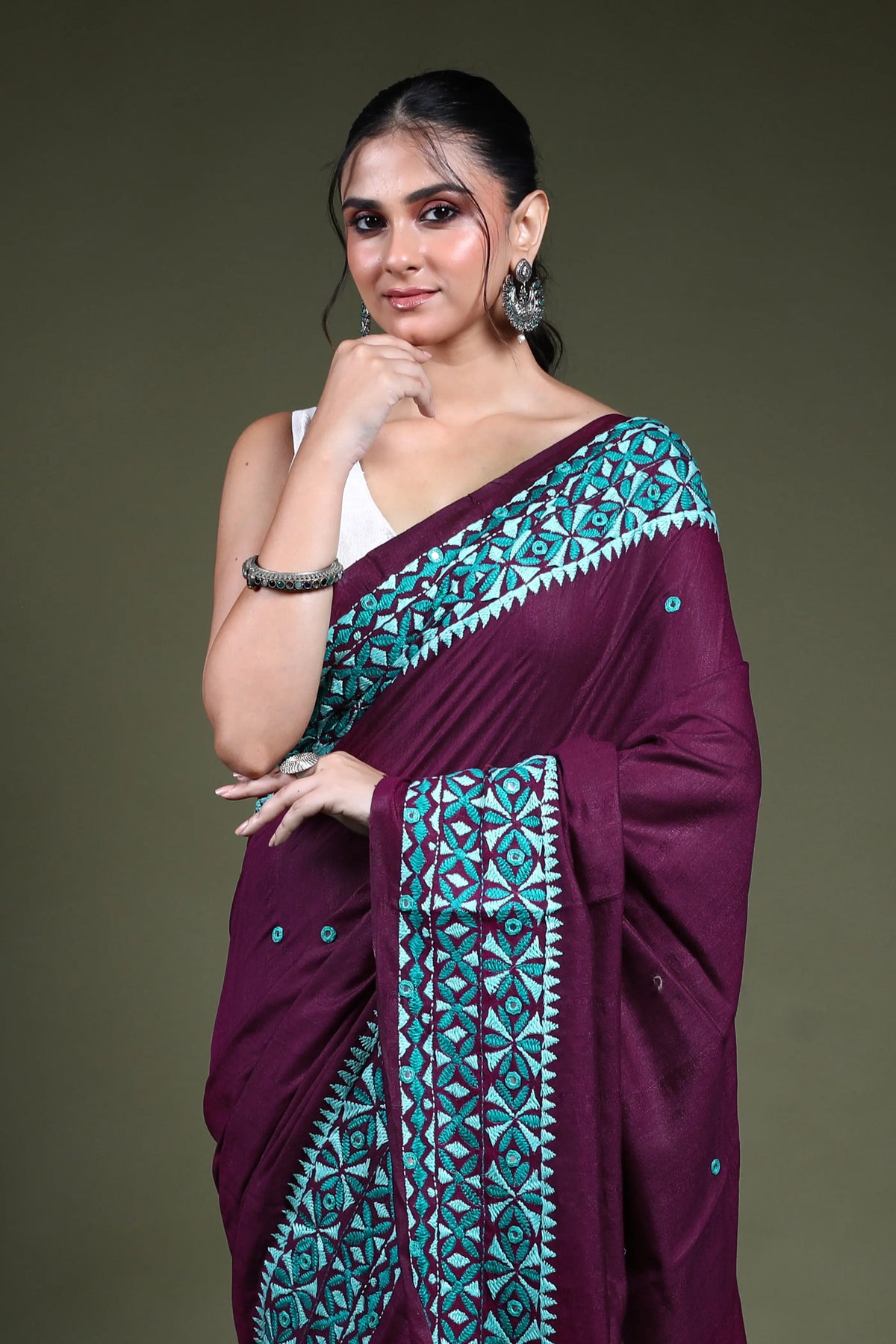Wine Blended Tussar Kathiyawadi Saree with Blouse Piece