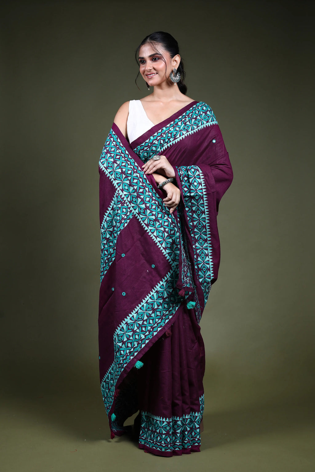 Wine Blended Tussar Kathiyawadi Saree with Blouse Piece