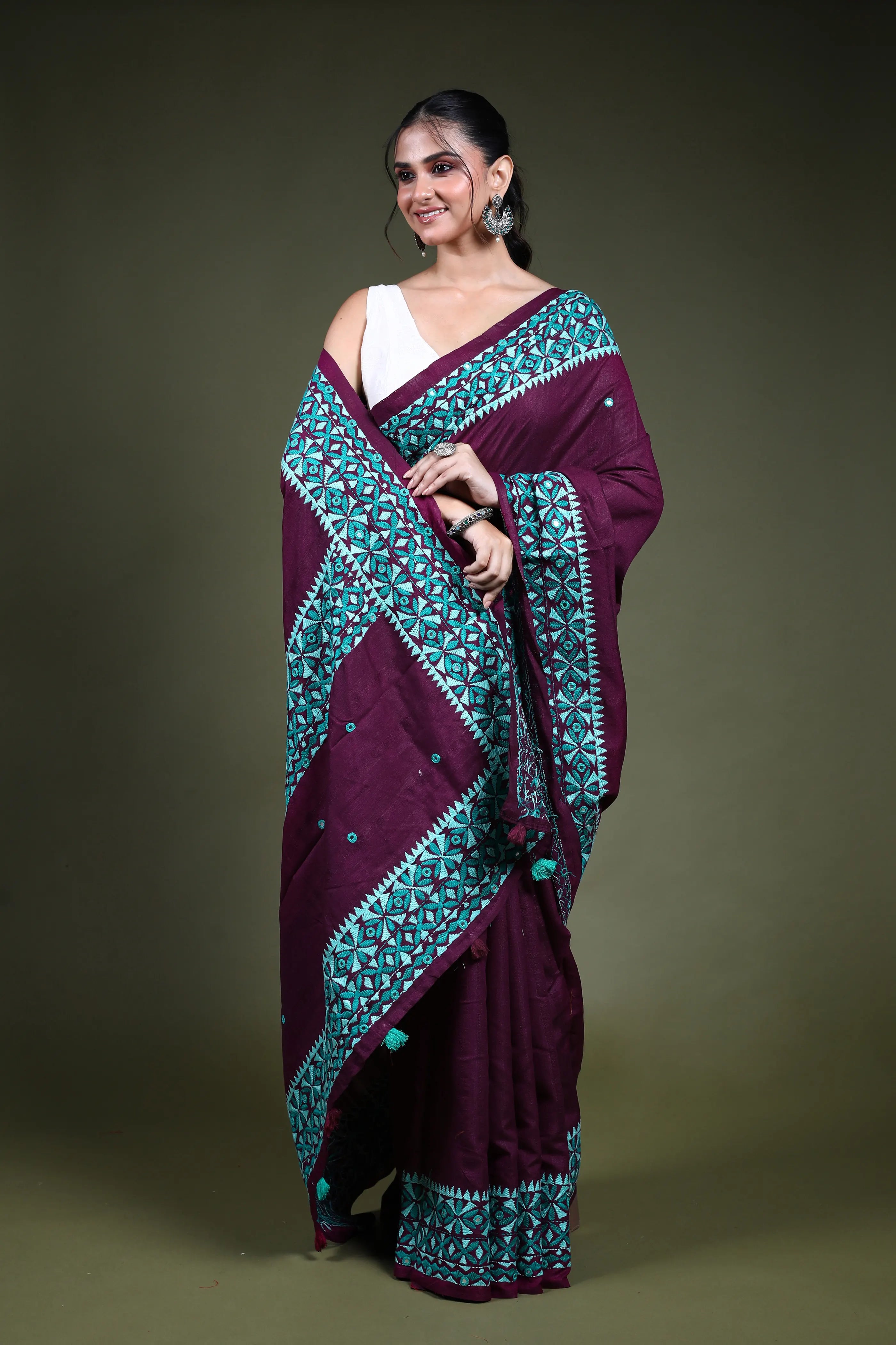 Wine Blended Tussar Kathiyawadi Saree with Blouse Piece