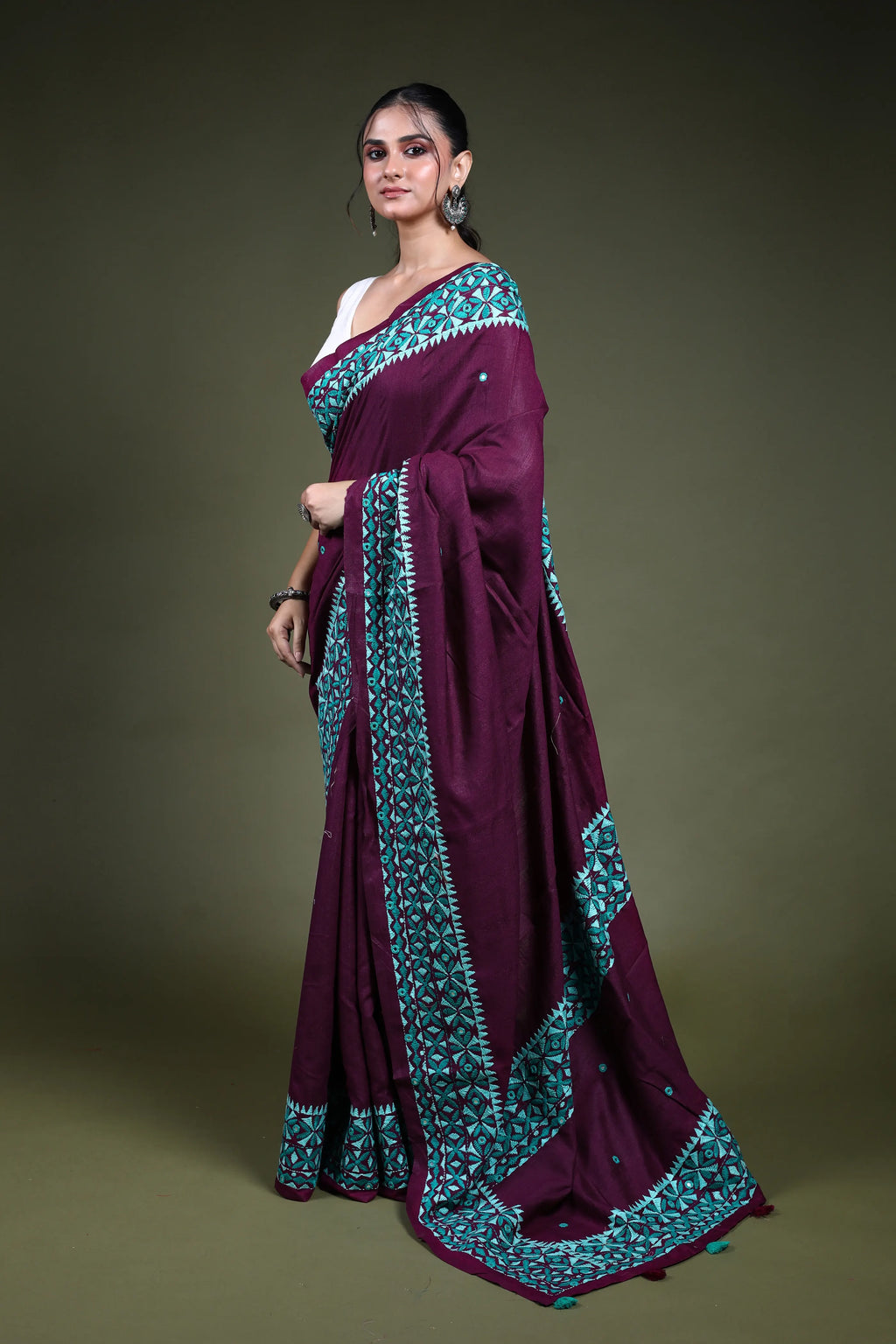 Wine Blended Tussar Kathiyawadi Saree with Blouse Piece