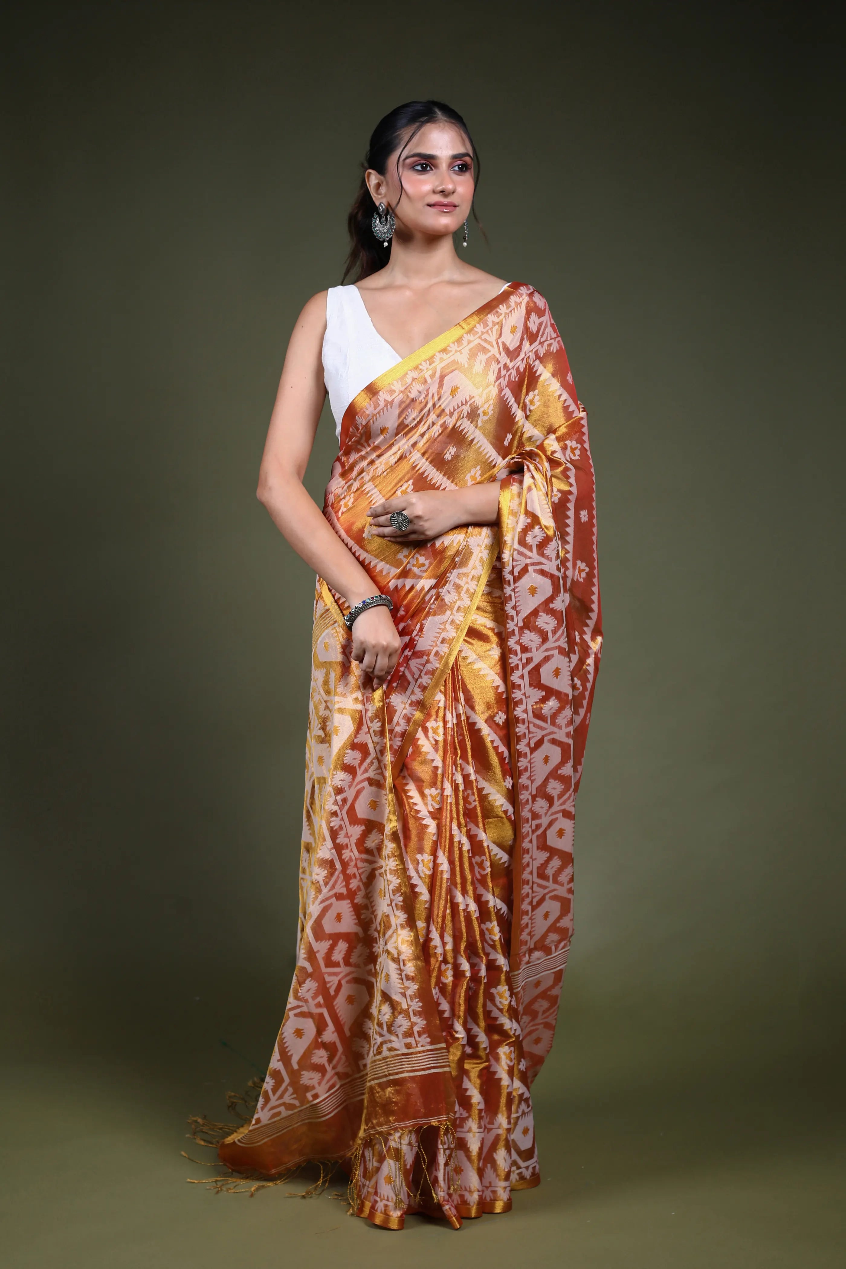 Orange Blended Tissue Jamdani Saree with Blouse Piece