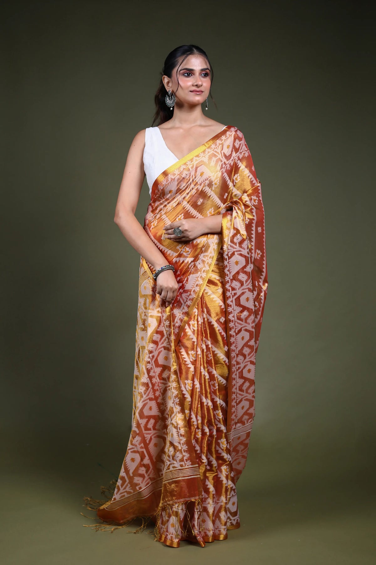Orange Blended Tissue Jamdani Saree with Blouse Piece