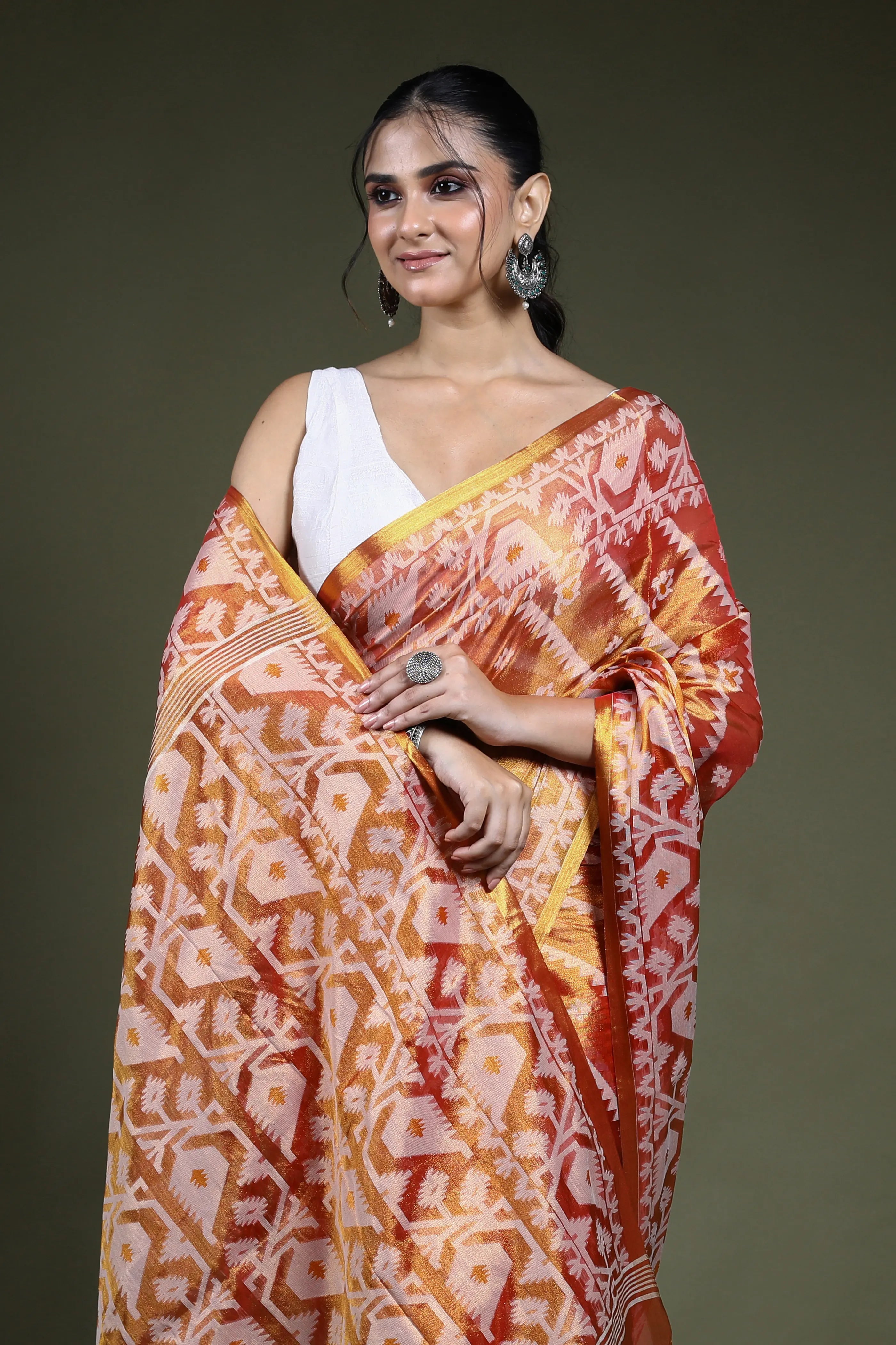 Orange Blended Tissue Jamdani Saree with Blouse Piece