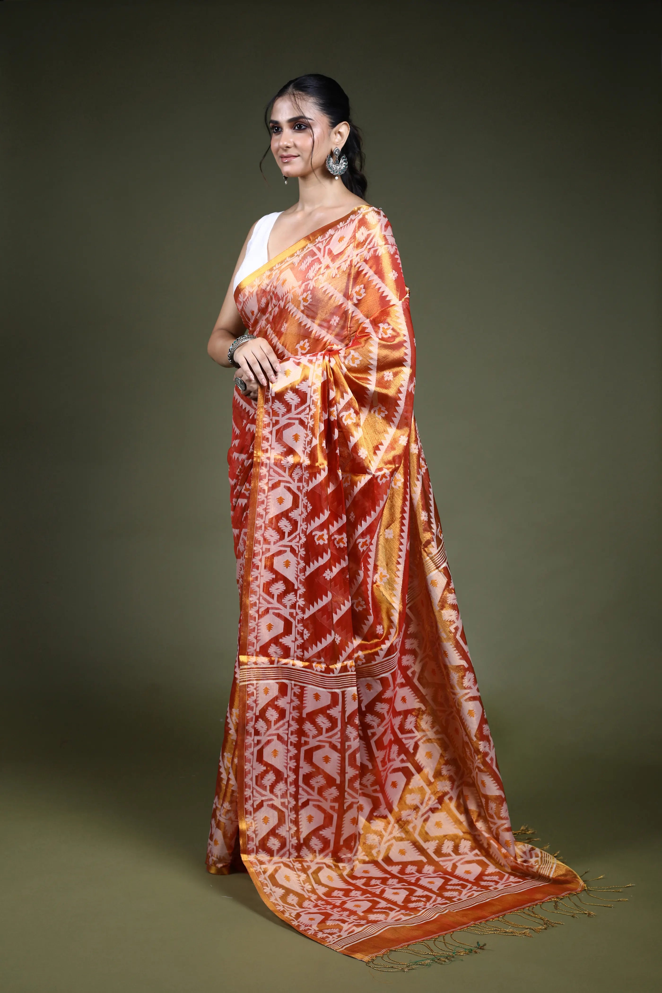 Orange Blended Tissue Jamdani Saree with Blouse Piece