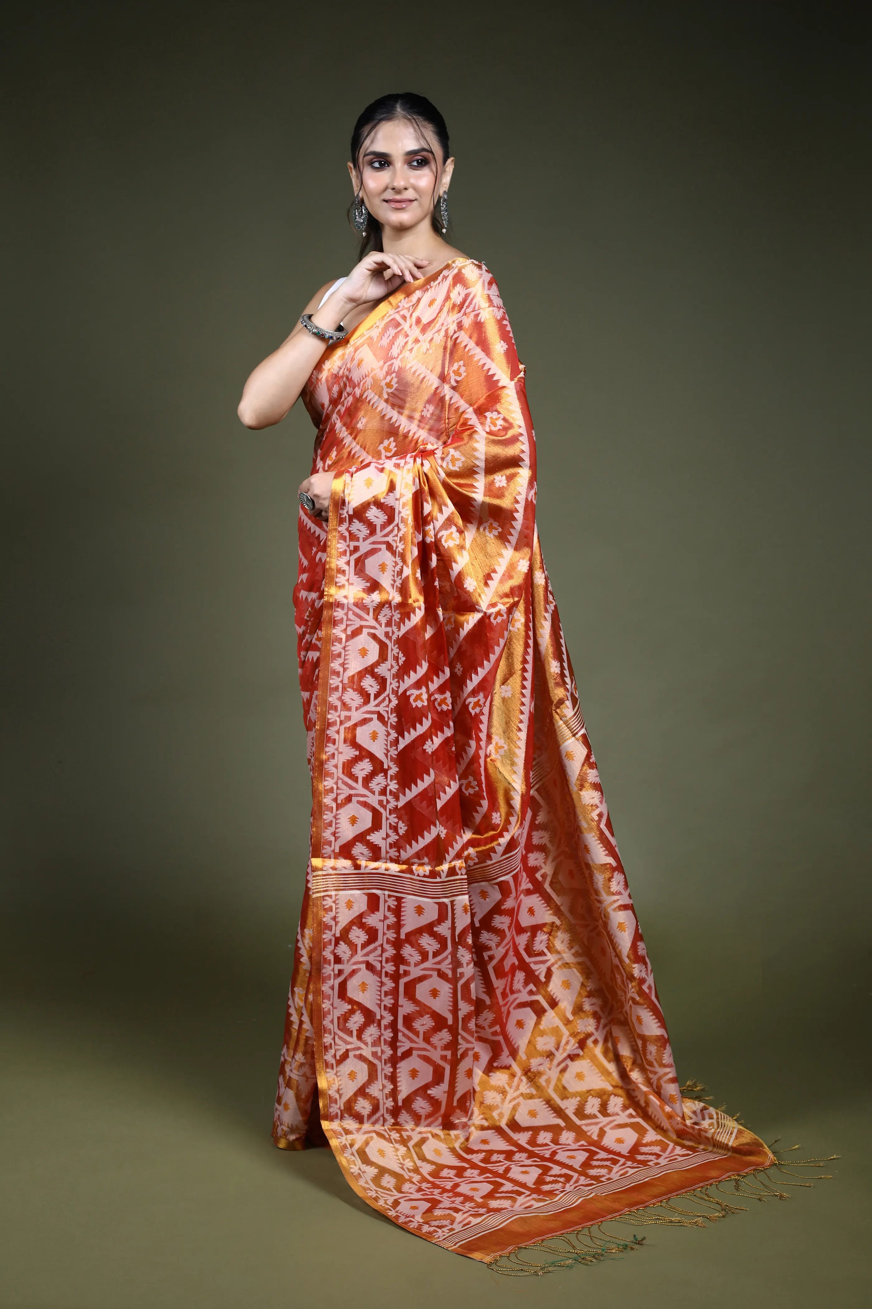 Orange Blended Tissue Jamdani Saree with Blouse Piece