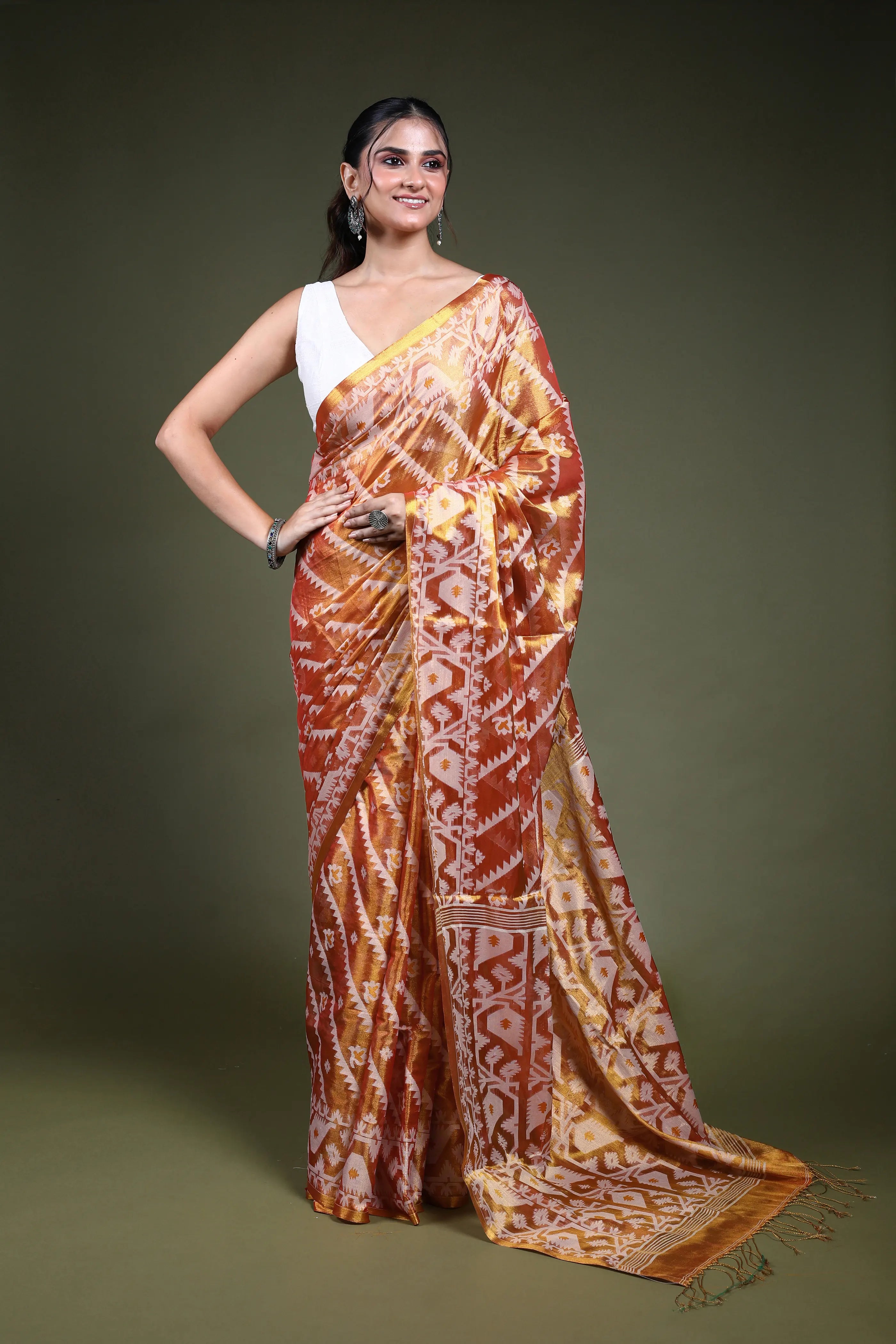 Orange Blended Tissue Jamdani Saree with Blouse Piece