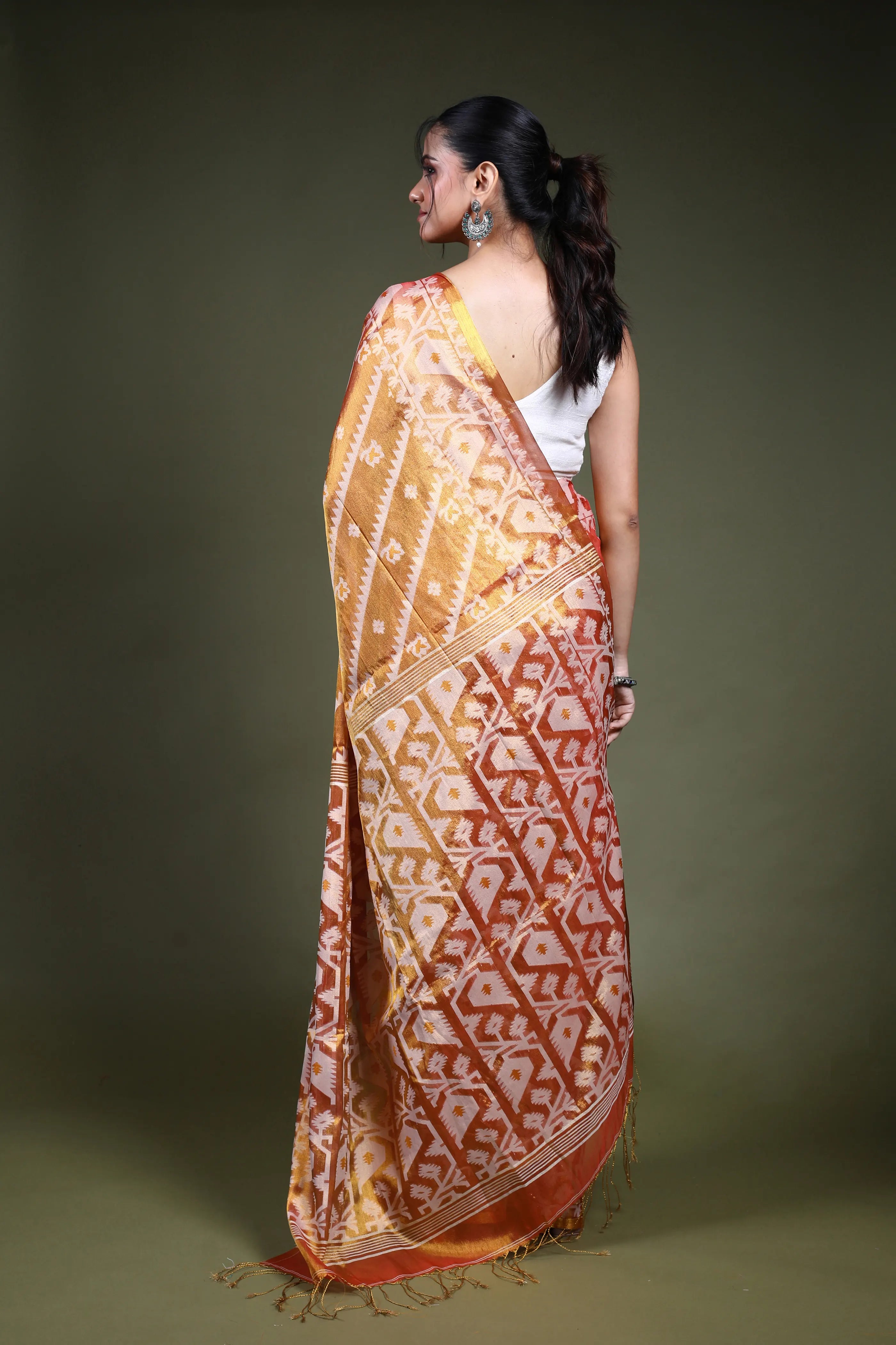 Orange Blended Tissue Jamdani Saree with Blouse Piece