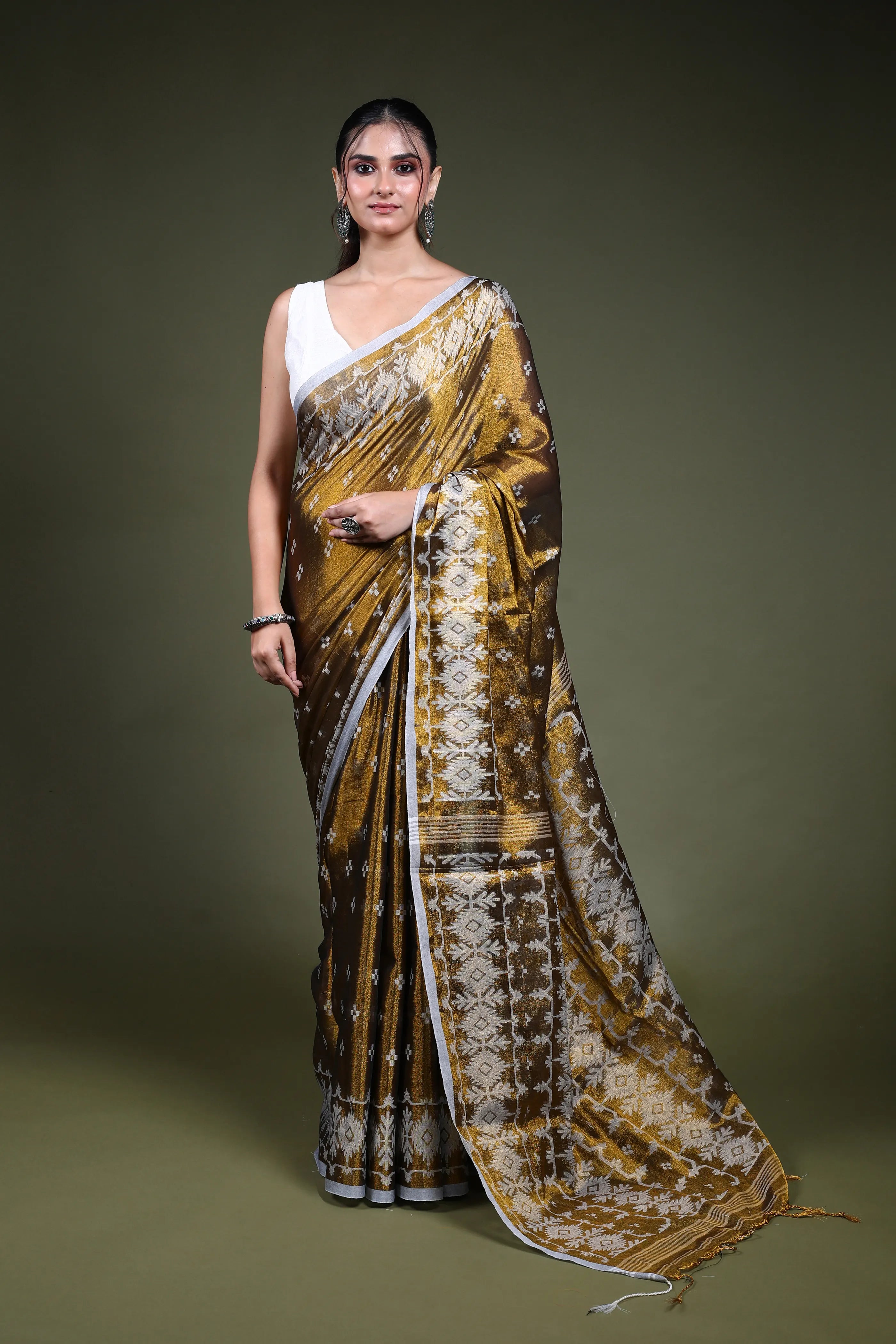 Mustard Blended Tissue Jamdani Saree with Blouse Piece