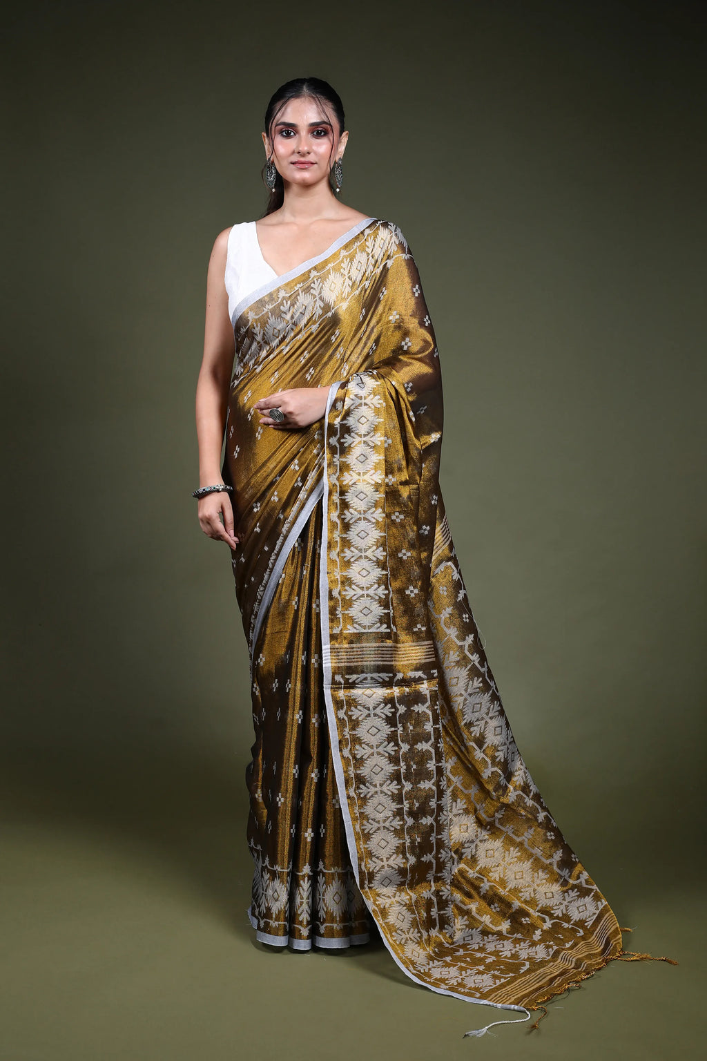 Mustard Blended Tissue Jamdani Saree with Blouse Piece