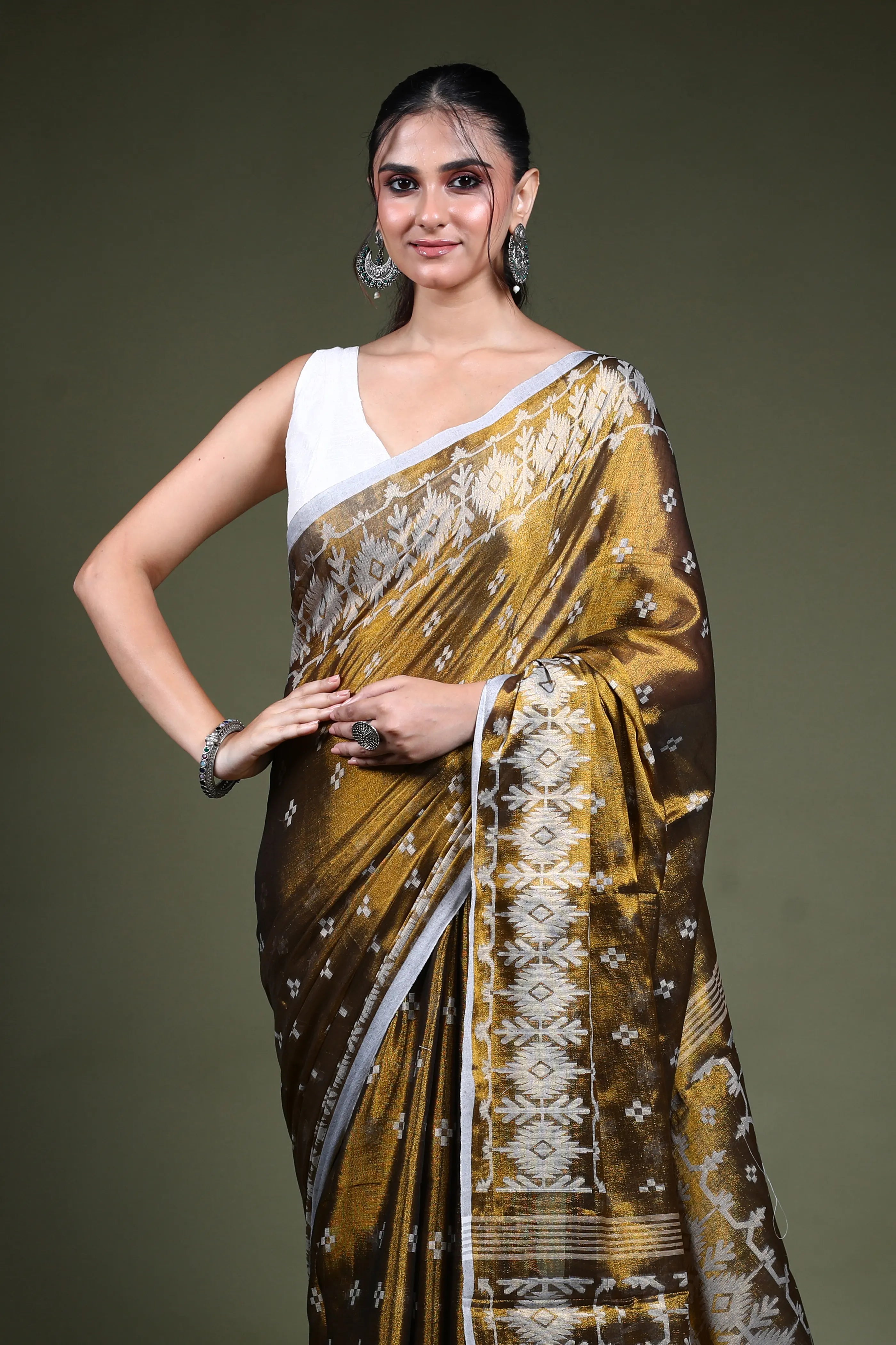 Mustard Blended Tissue Jamdani Saree with Blouse Piece