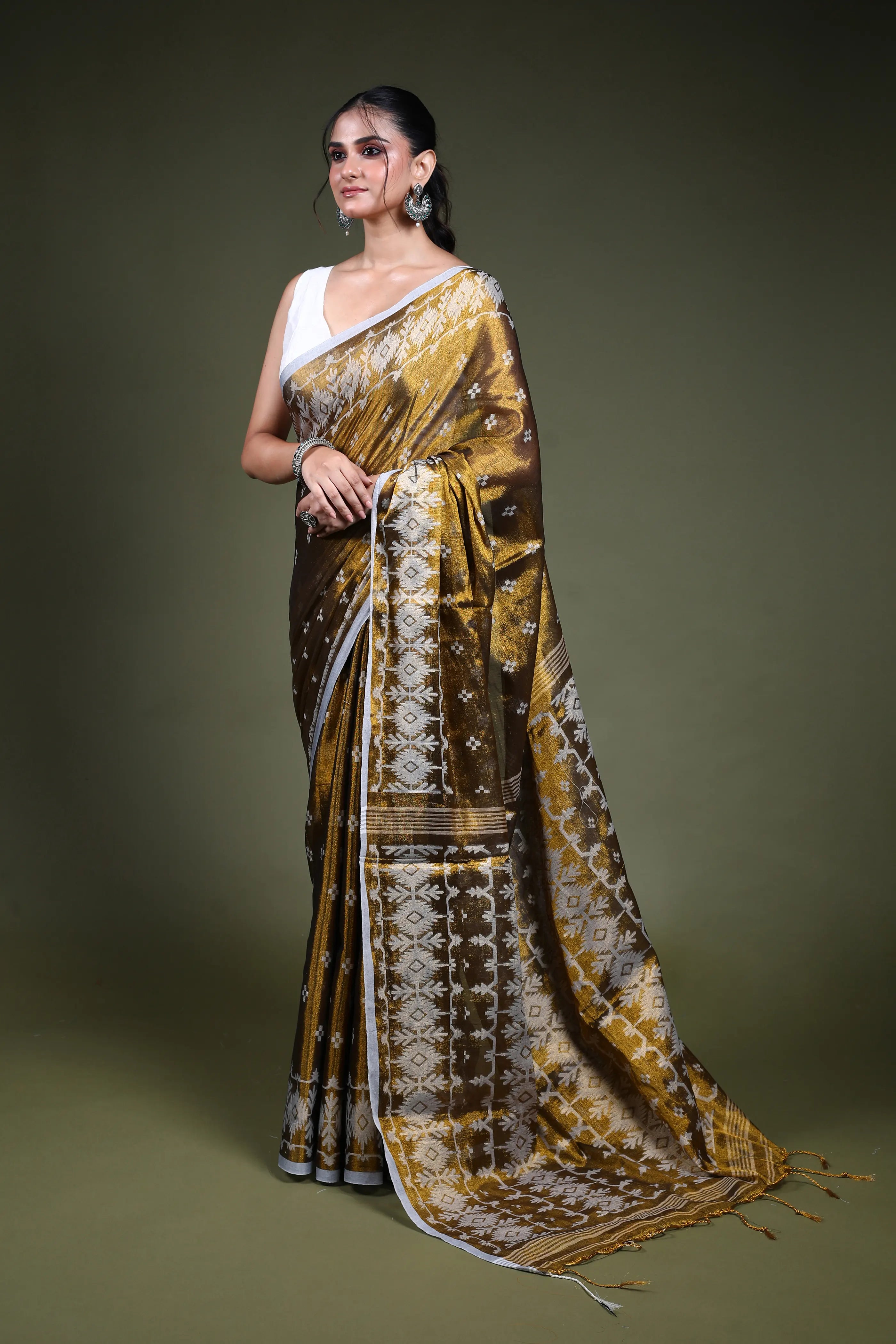 Mustard Blended Tissue Jamdani Saree with Blouse Piece