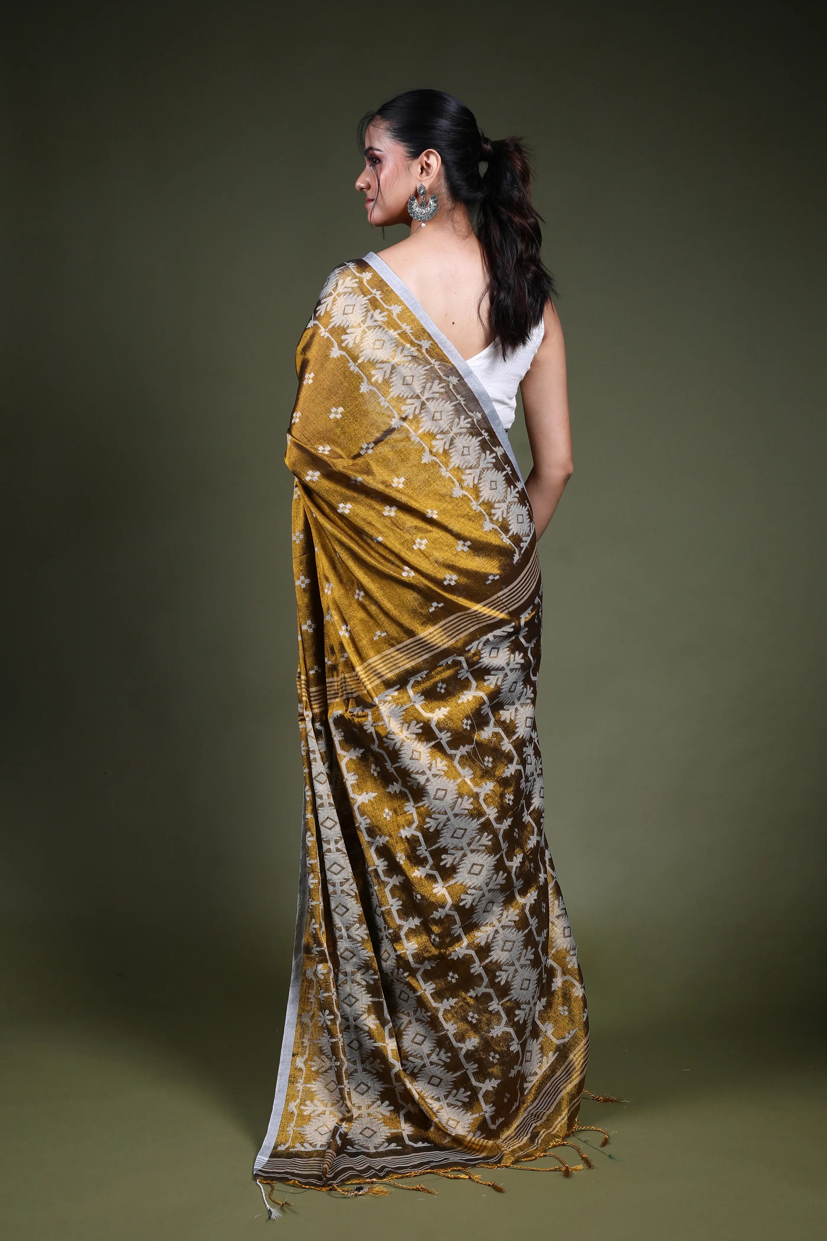 Mustard Blended Tissue Jamdani Saree with Blouse Piece