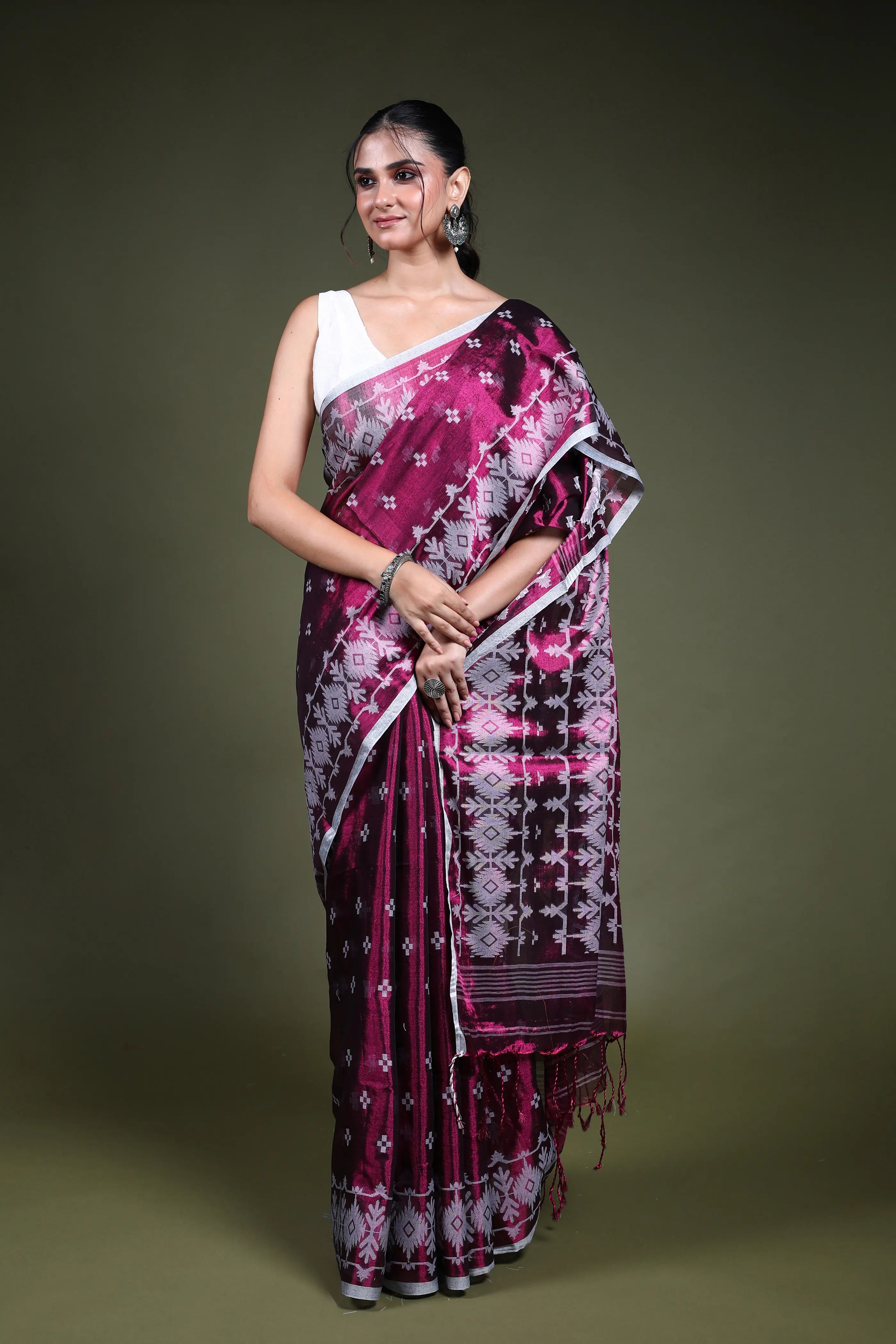 Burgundy Blended Tissue Jamdani Saree with Blouse Piece