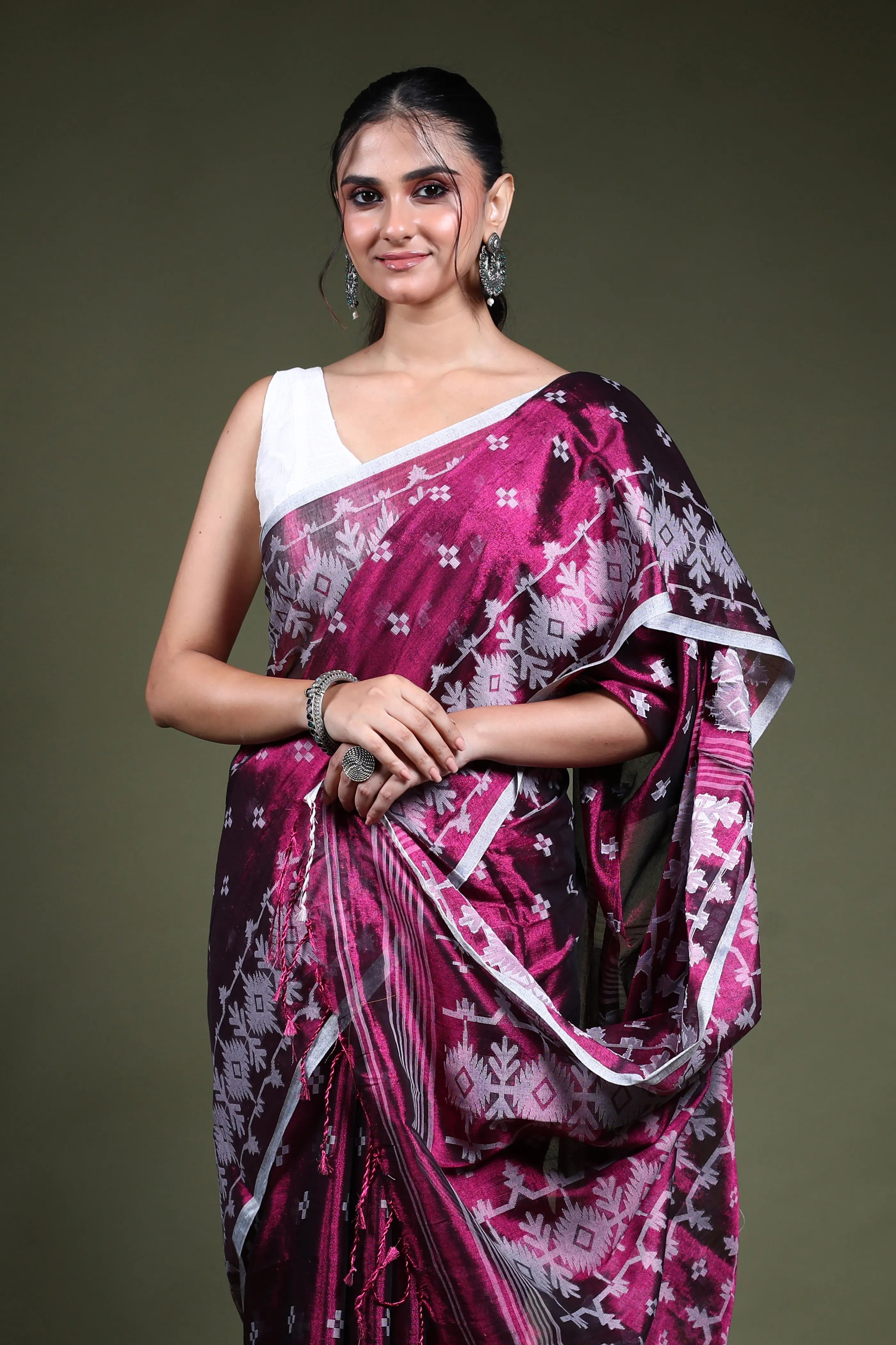 Burgundy Blended Tissue Jamdani Saree with Blouse Piece