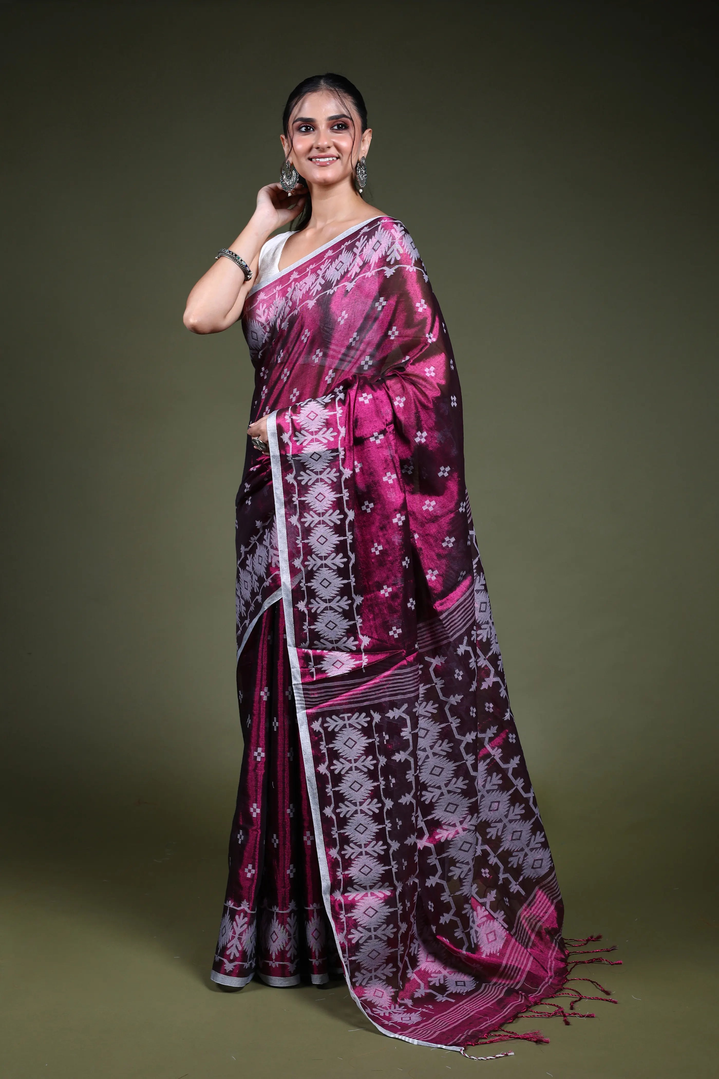 Burgundy Blended Tissue Jamdani Saree with Blouse Piece
