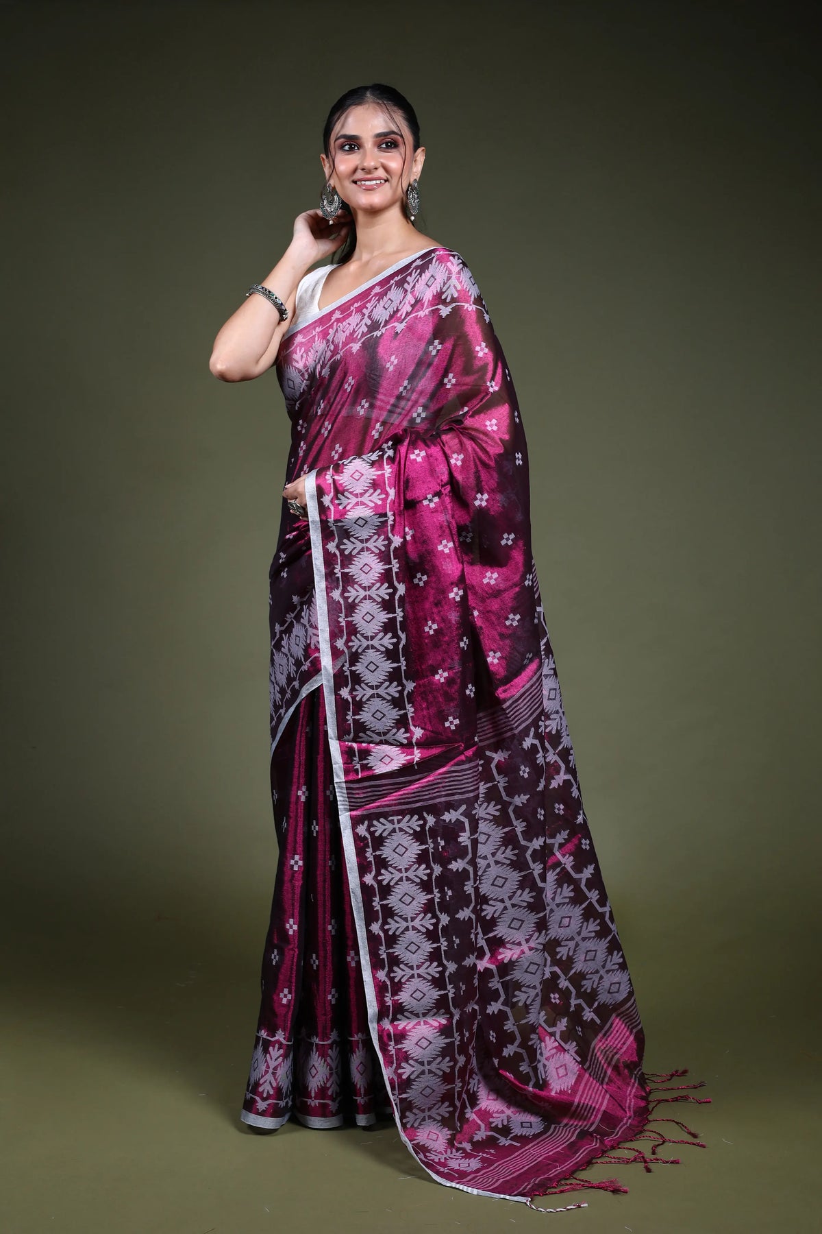 Burgundy Blended Tissue Jamdani Saree with Blouse Piece