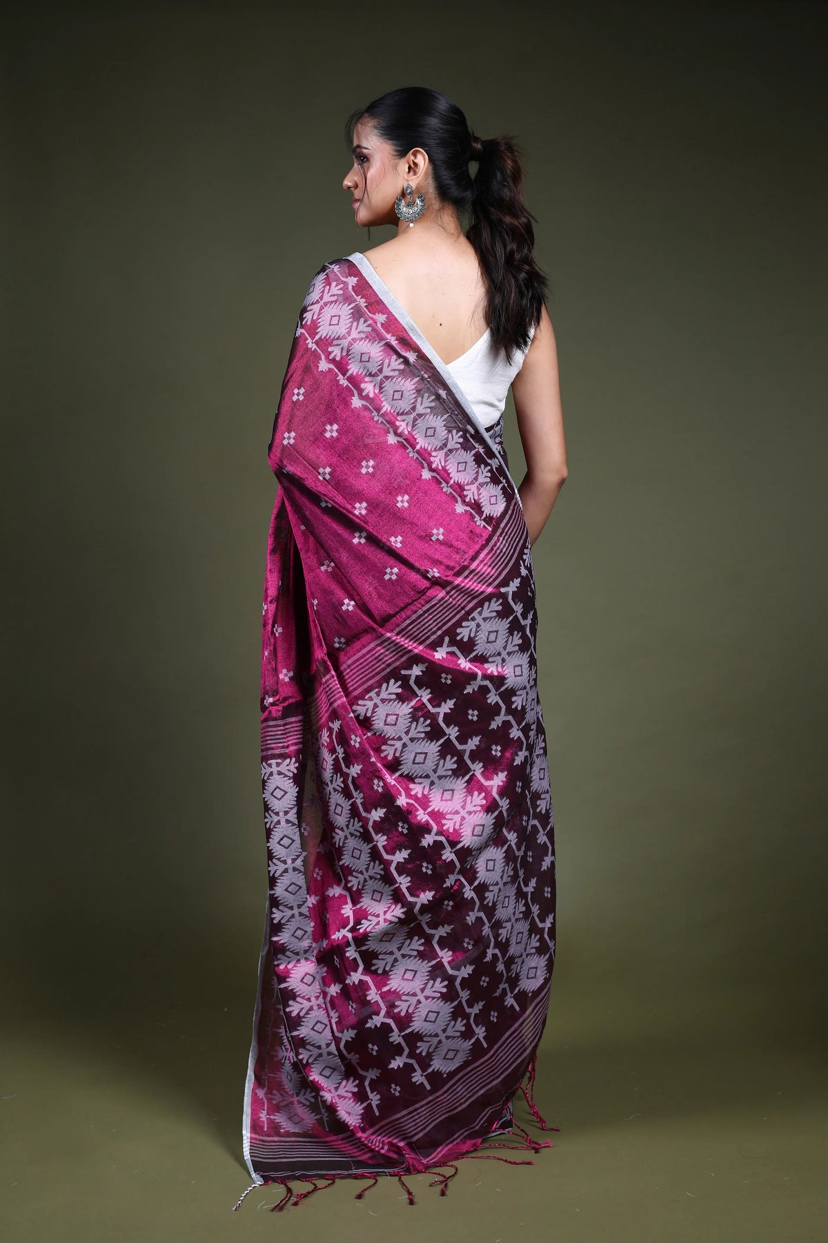 Burgundy Blended Tissue Jamdani Saree with Blouse Piece
