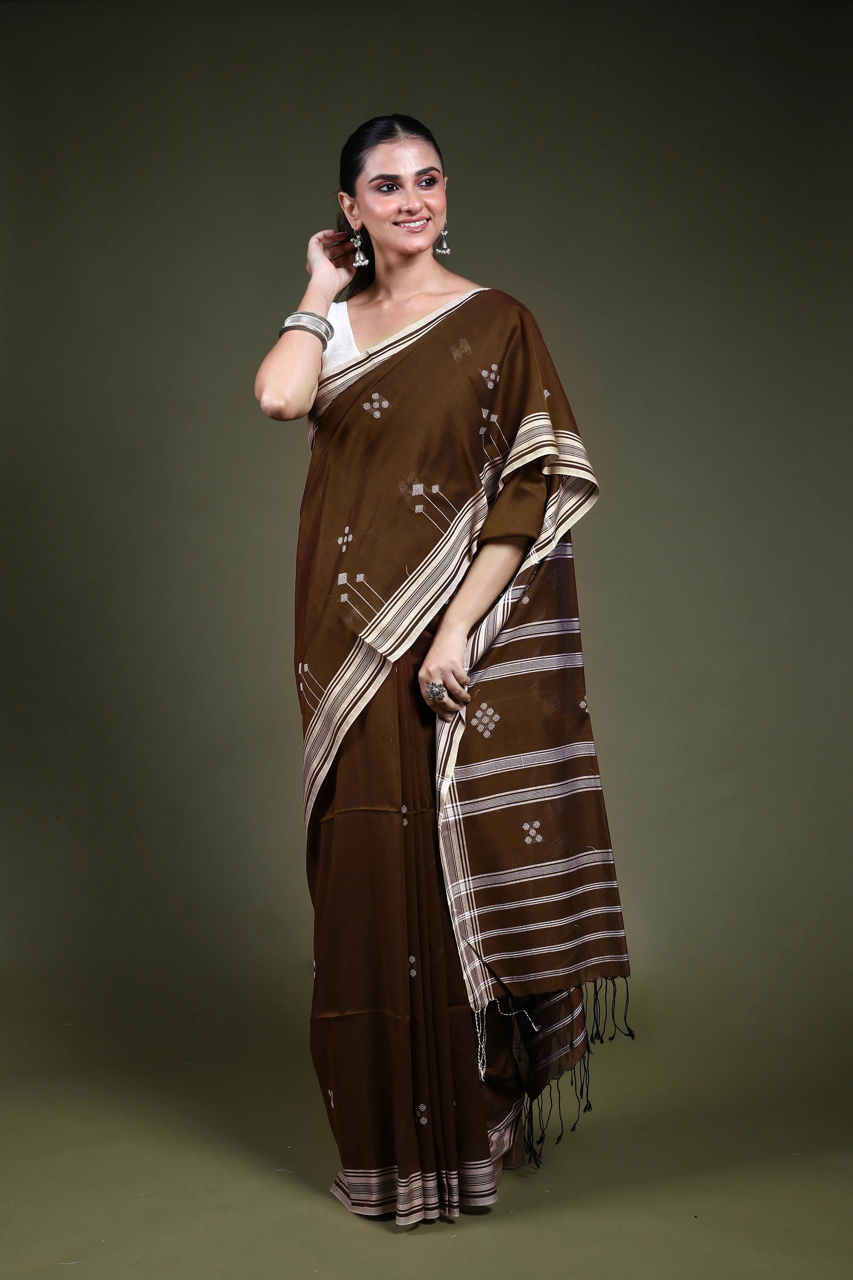 Chocolate Cotton Saree with Blouse Piece