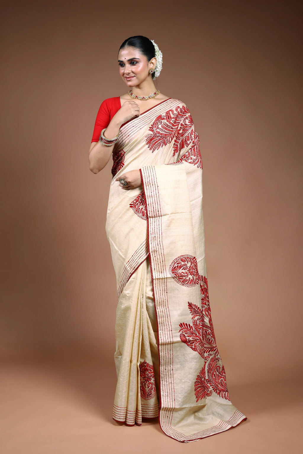 Beige Tussar Kantha Saree with Blouse Piece