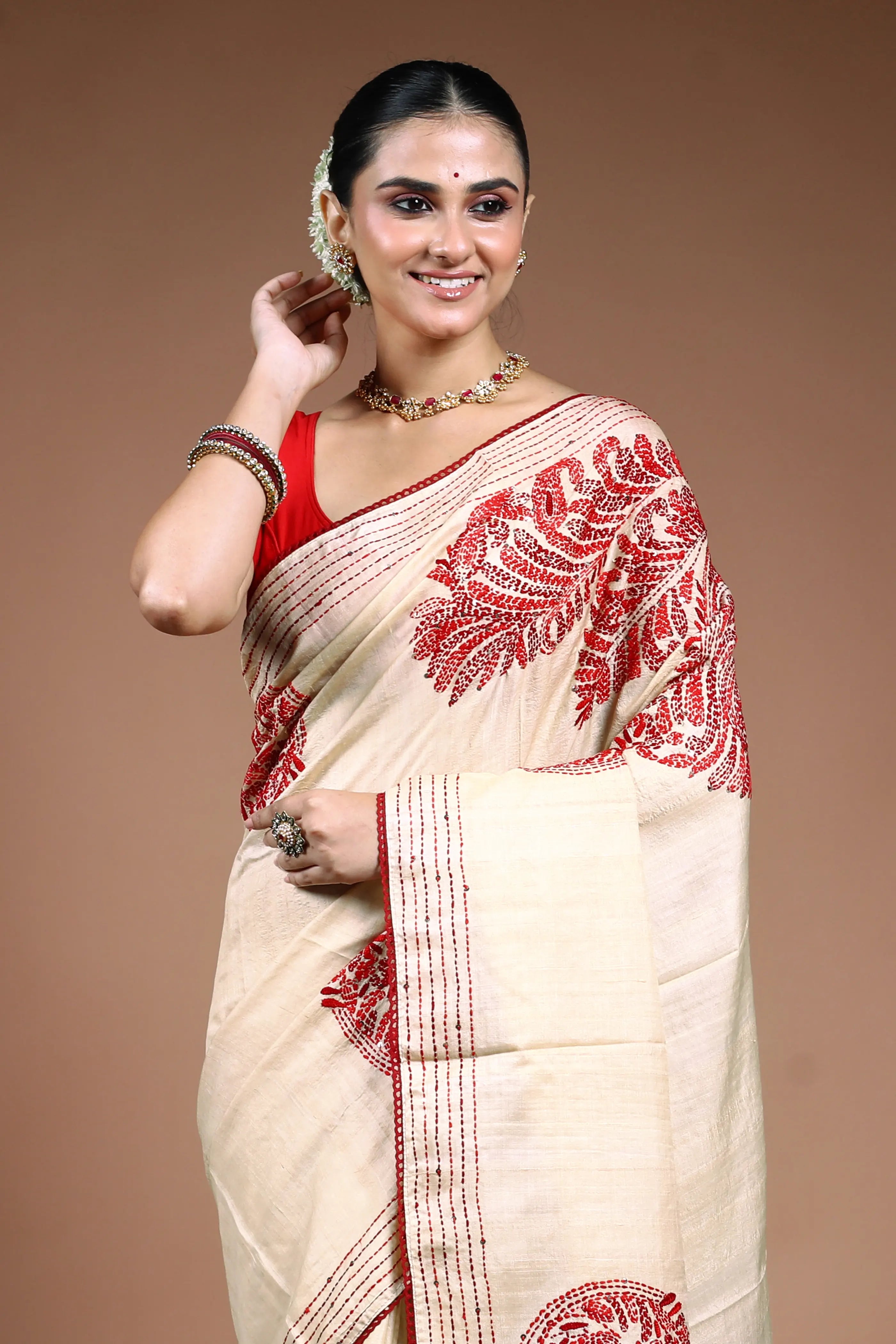 Beige Tussar Kantha Saree with Blouse Piece