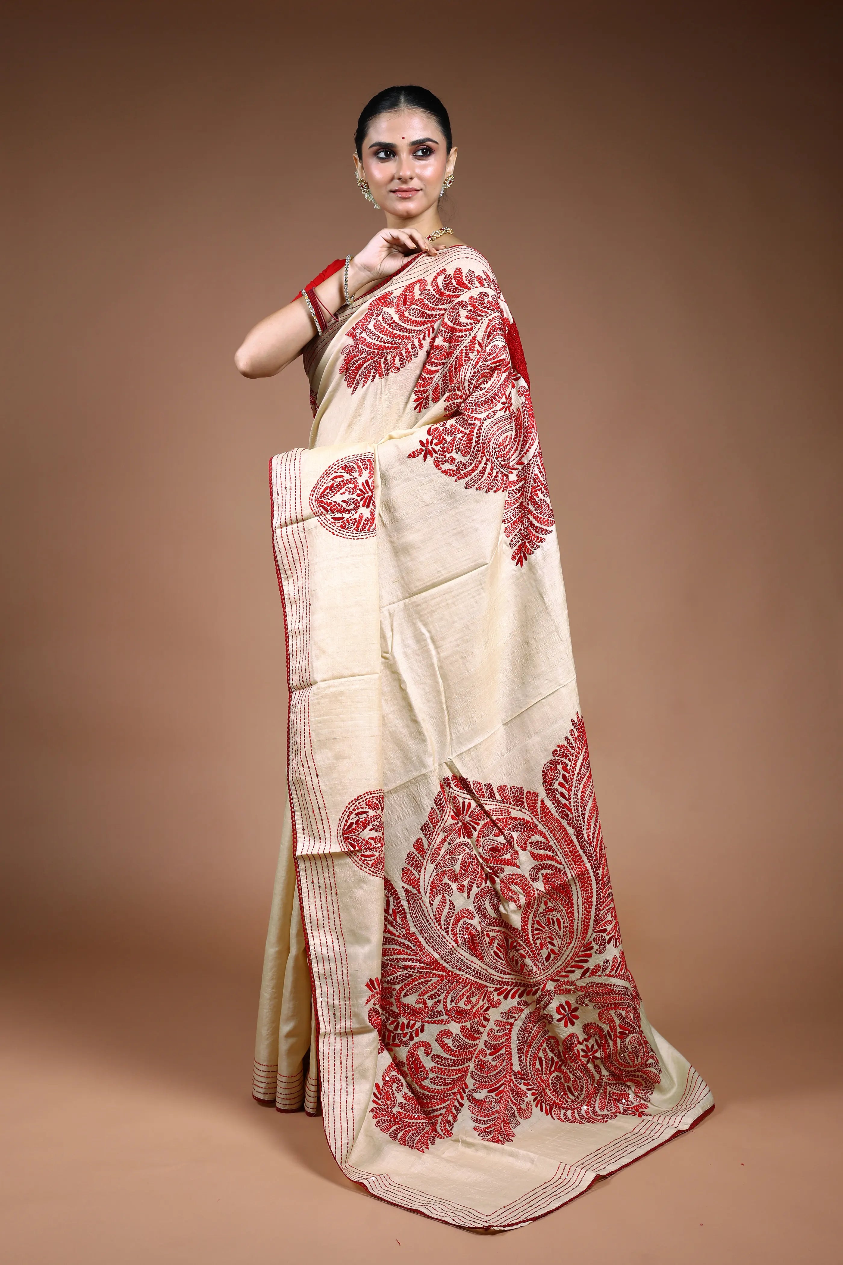 Beige Tussar Kantha Saree with Blouse Piece