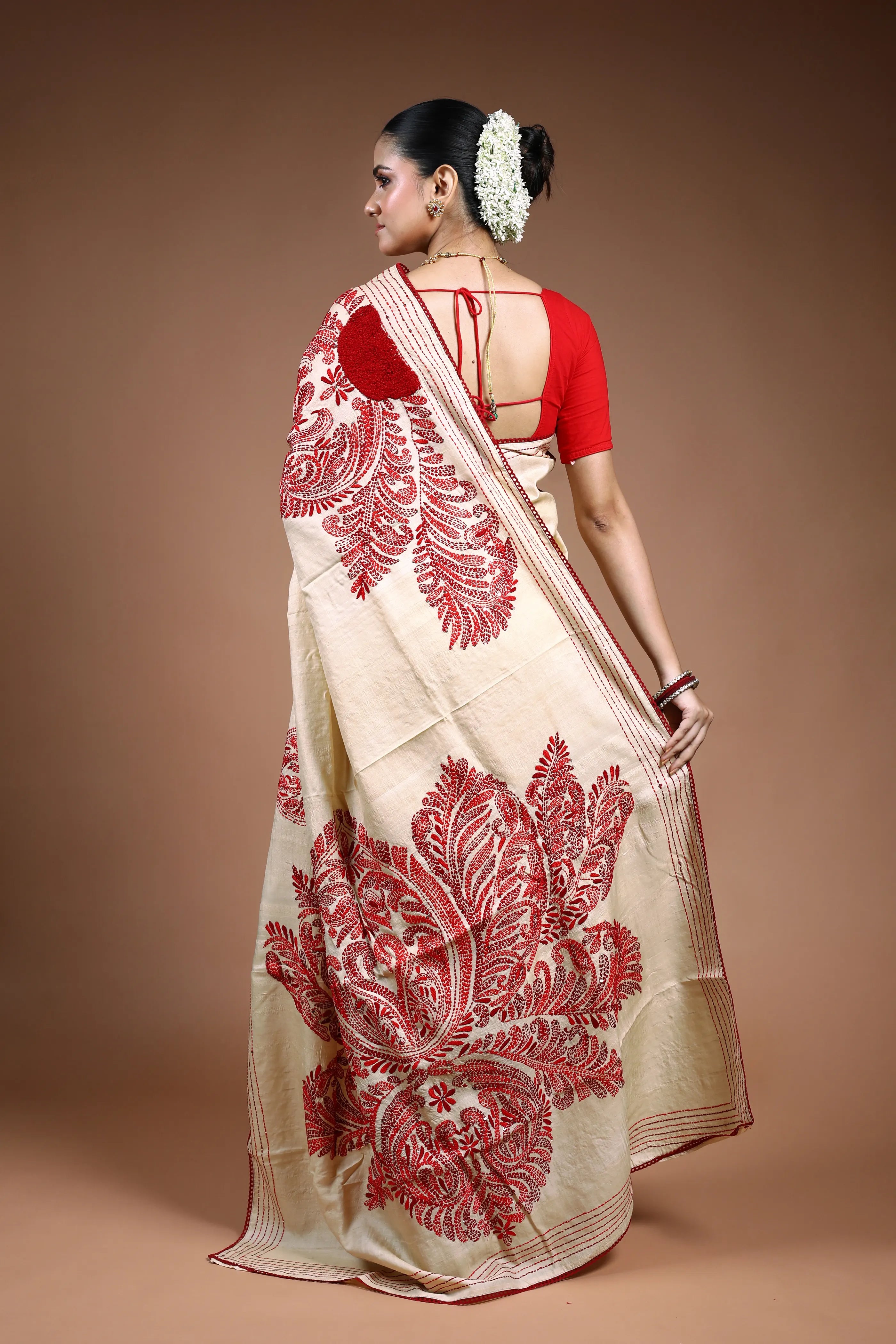 Beige Tussar Kantha Saree with Blouse Piece