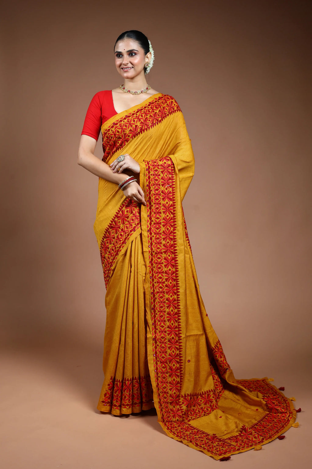 Mustard Yellow Blended Tussar Kathiyawadi Saree with Blouse Piece