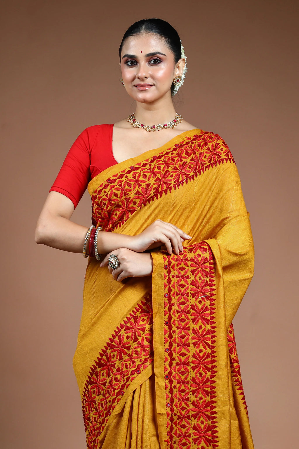 Mustard Yellow Blended Tussar Kathiyawadi Saree with Blouse Piece