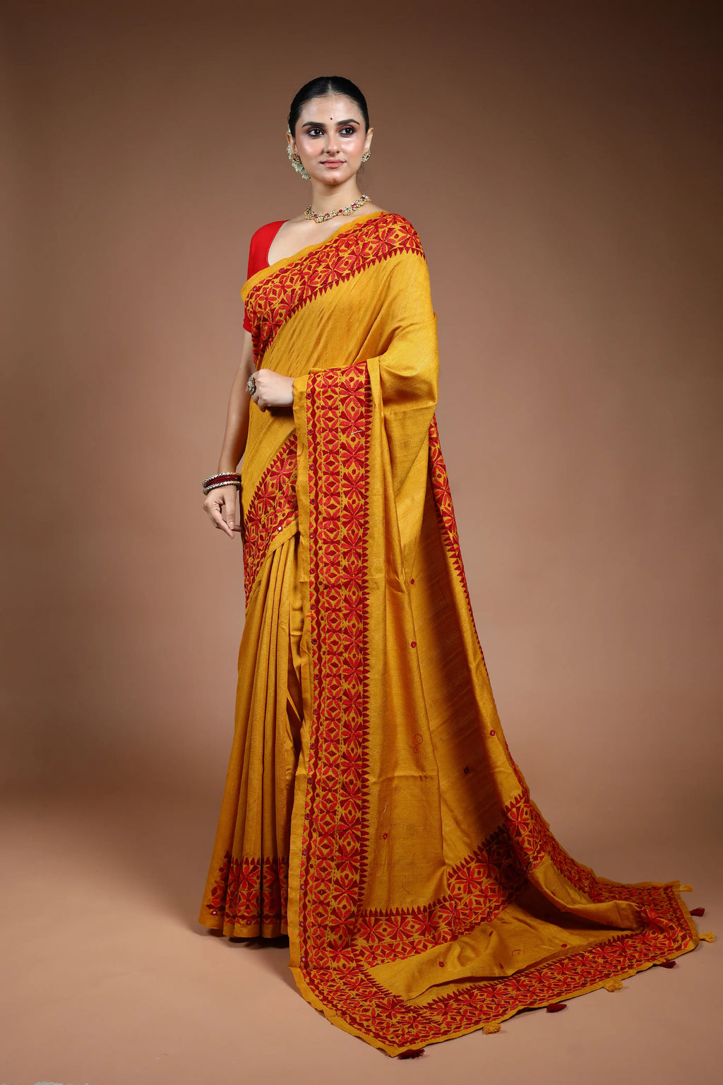 Mustard Yellow Blended Tussar Kathiyawadi Saree with Blouse Piece