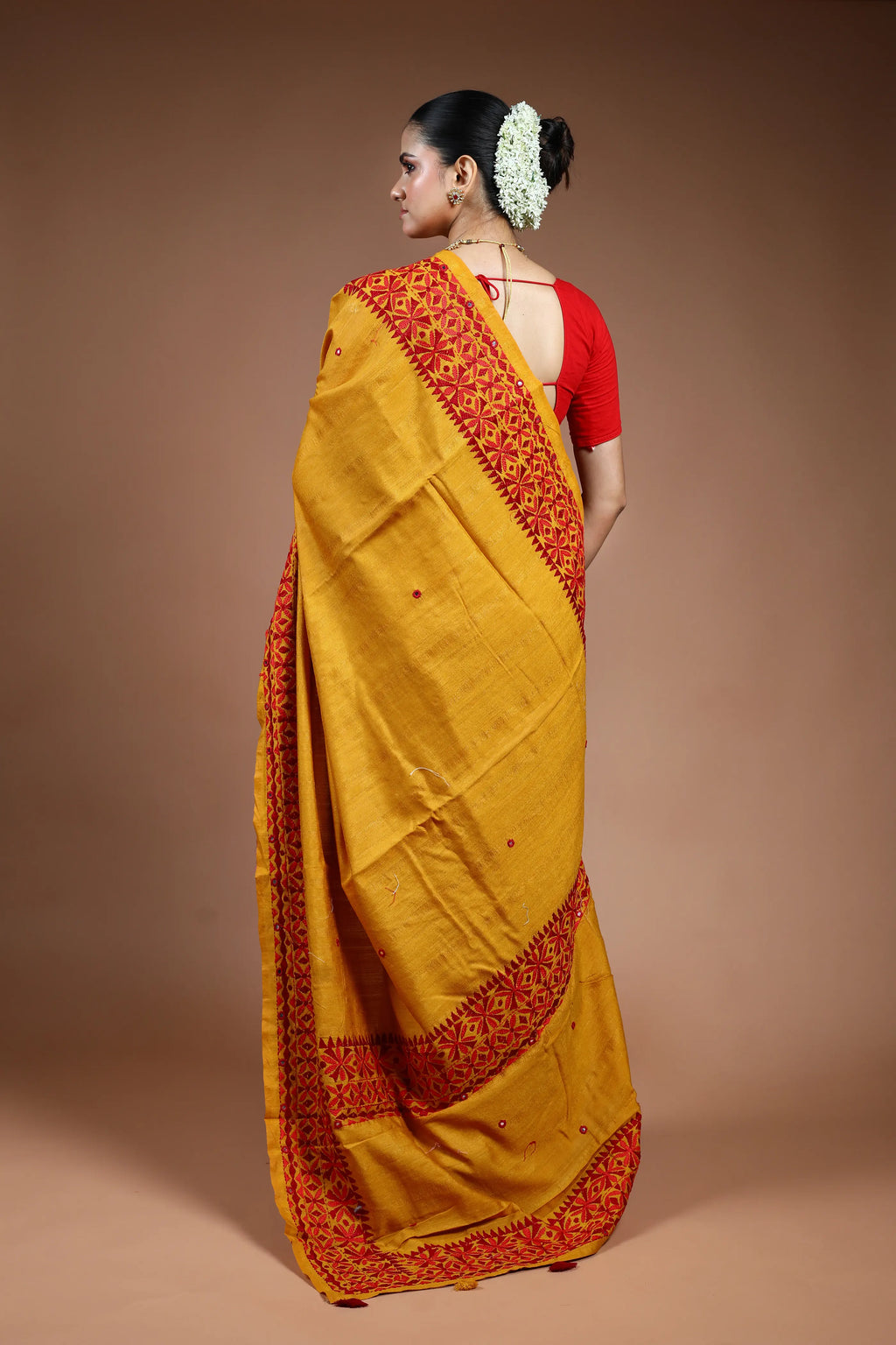 Mustard Yellow Blended Tussar Kathiyawadi Saree with Blouse Piece