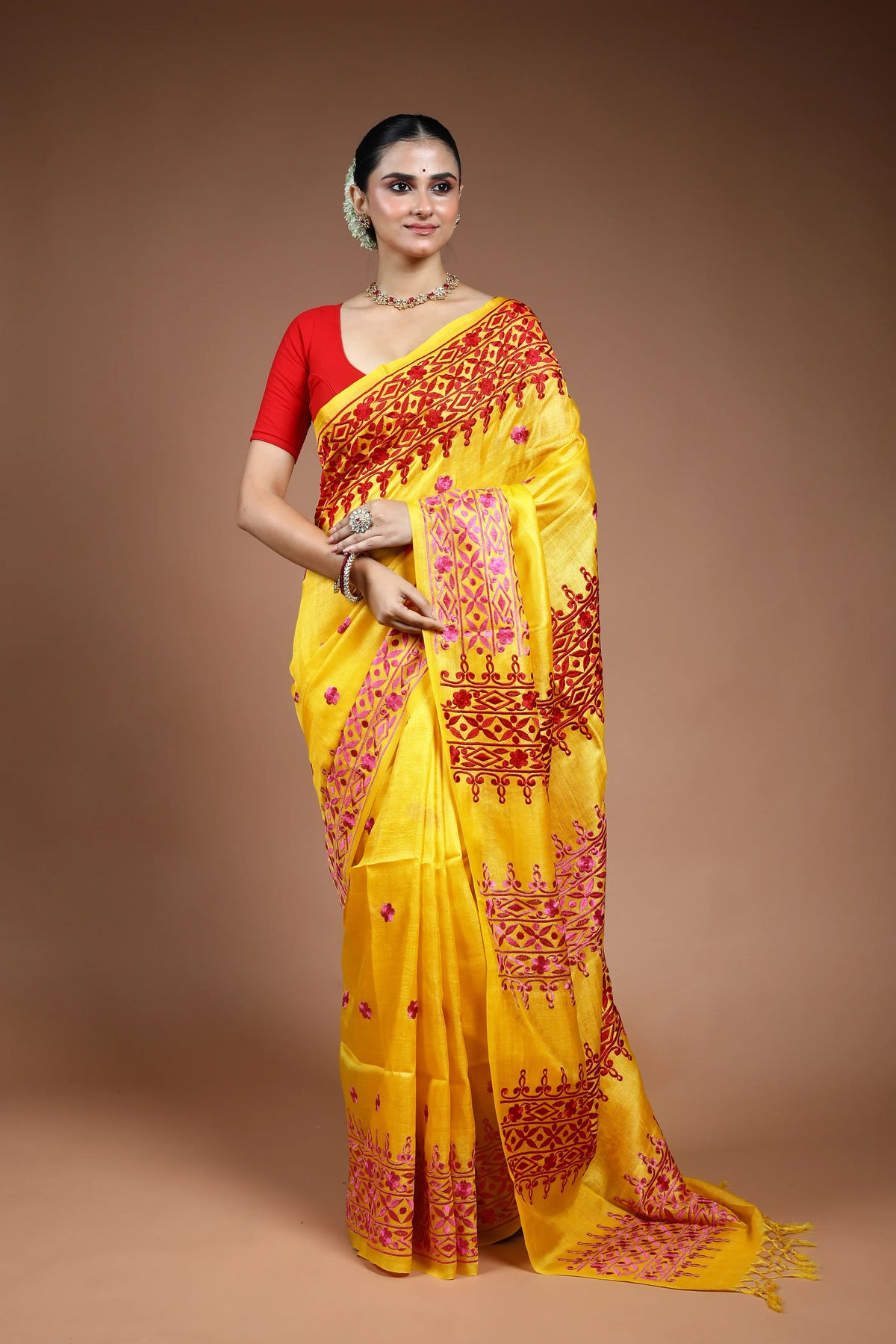 Yellow Embroidery Tussar Saree with Blouse Piece
