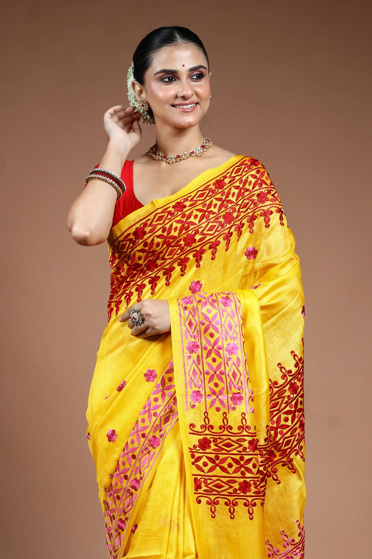 Yellow Embroidery Tussar Saree with Blouse Piece