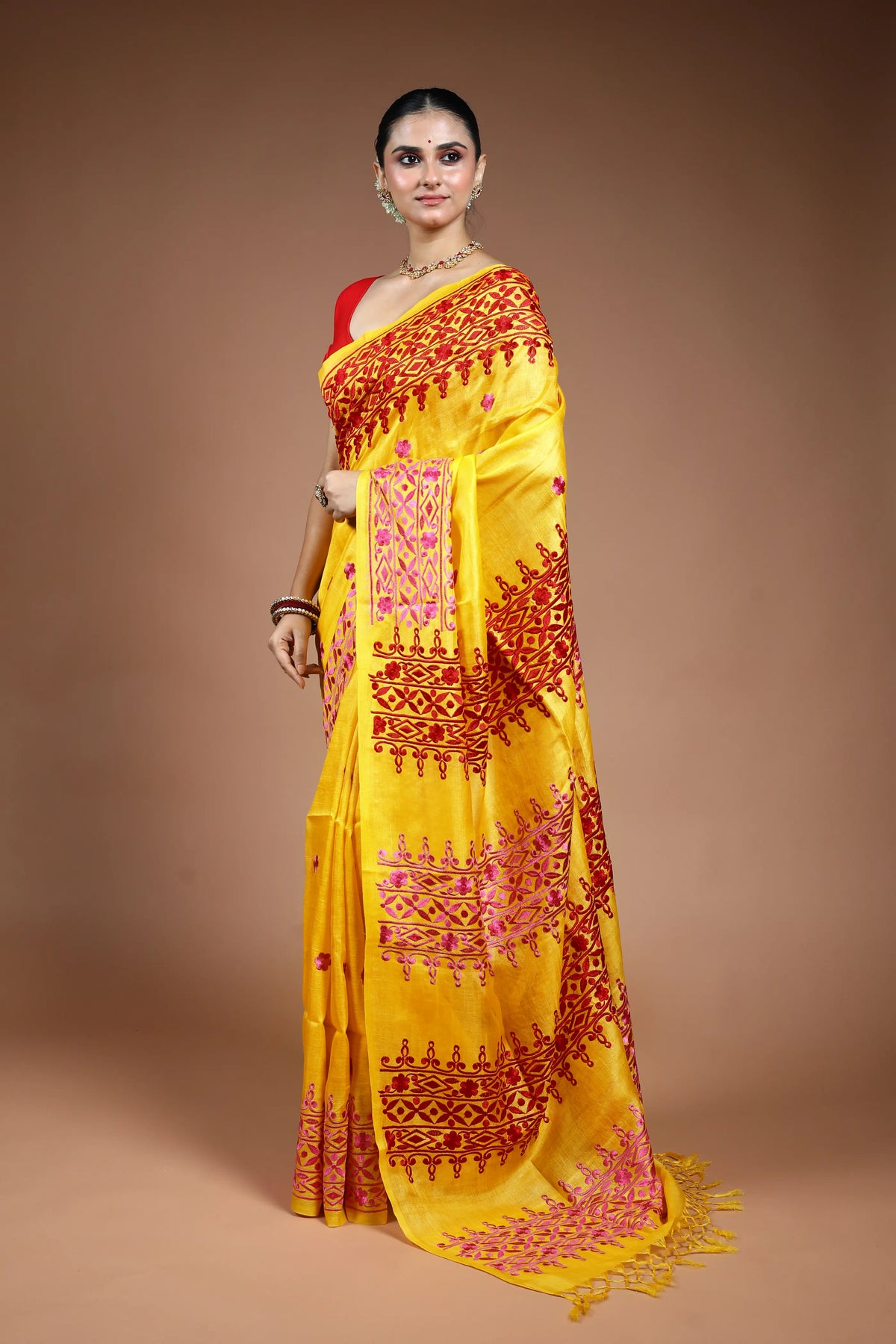 Yellow Embroidery Tussar Saree with Blouse Piece