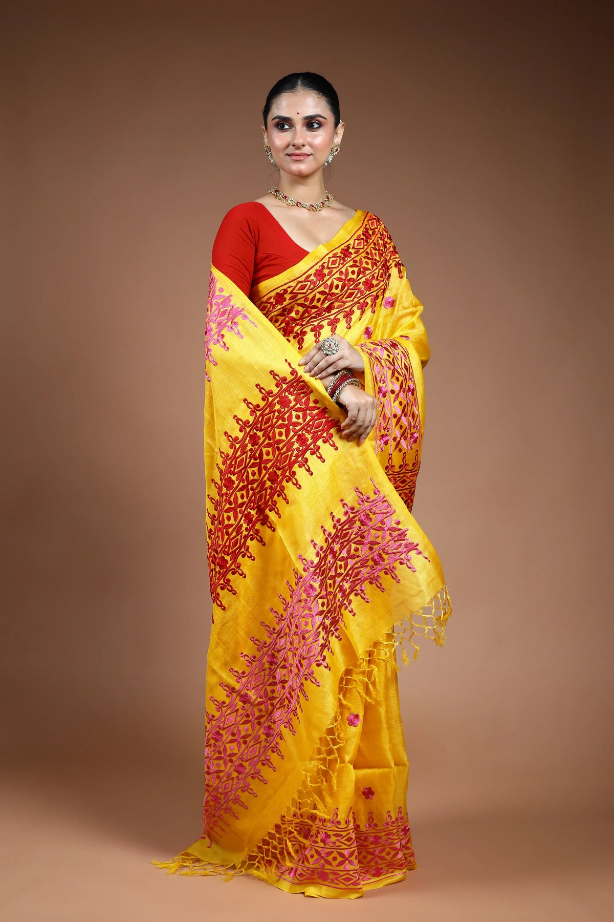 Yellow Embroidery Tussar Saree with Blouse Piece
