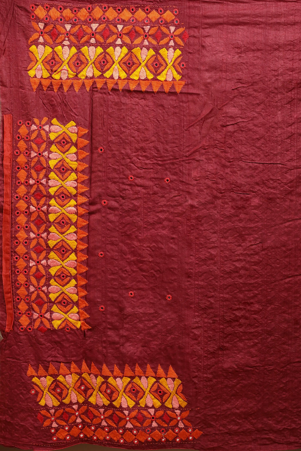 Maroon Tussar Kathiyawadi Saree with Blouse Piece