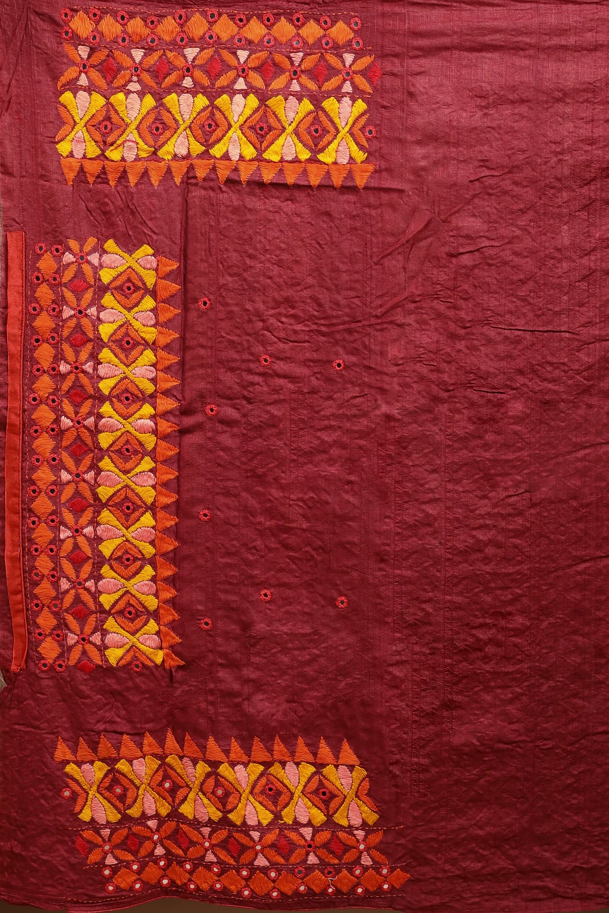 Maroon Tussar Kathiyawadi Saree with Blouse Piece