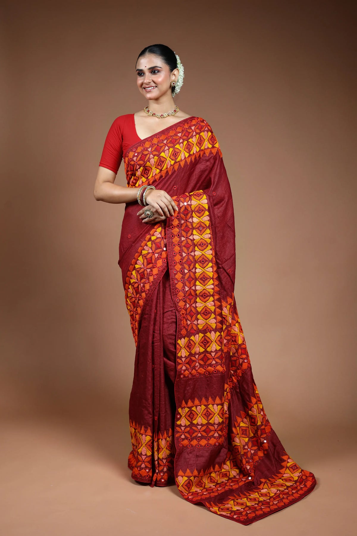 Maroon Tussar Kathiyawadi Saree with Blouse Piece