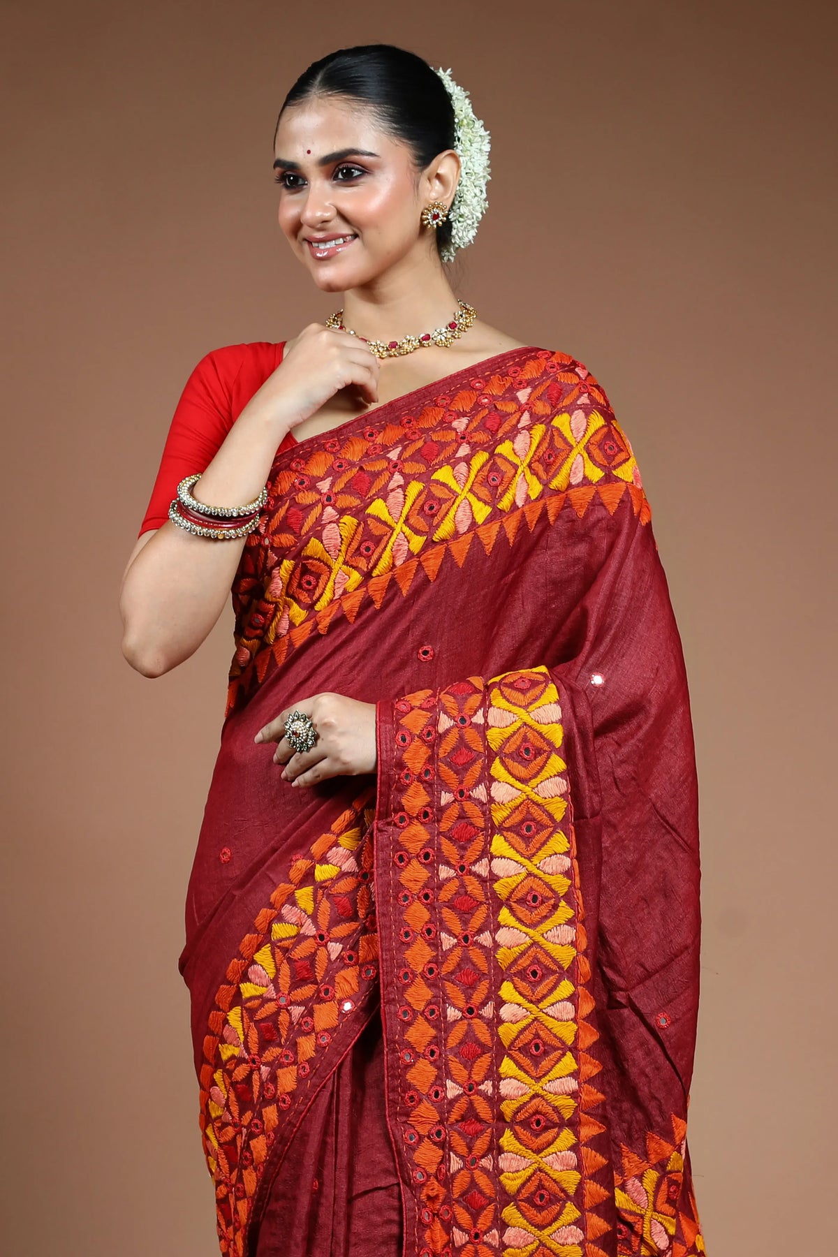 Maroon Tussar Kathiyawadi Saree with Blouse Piece