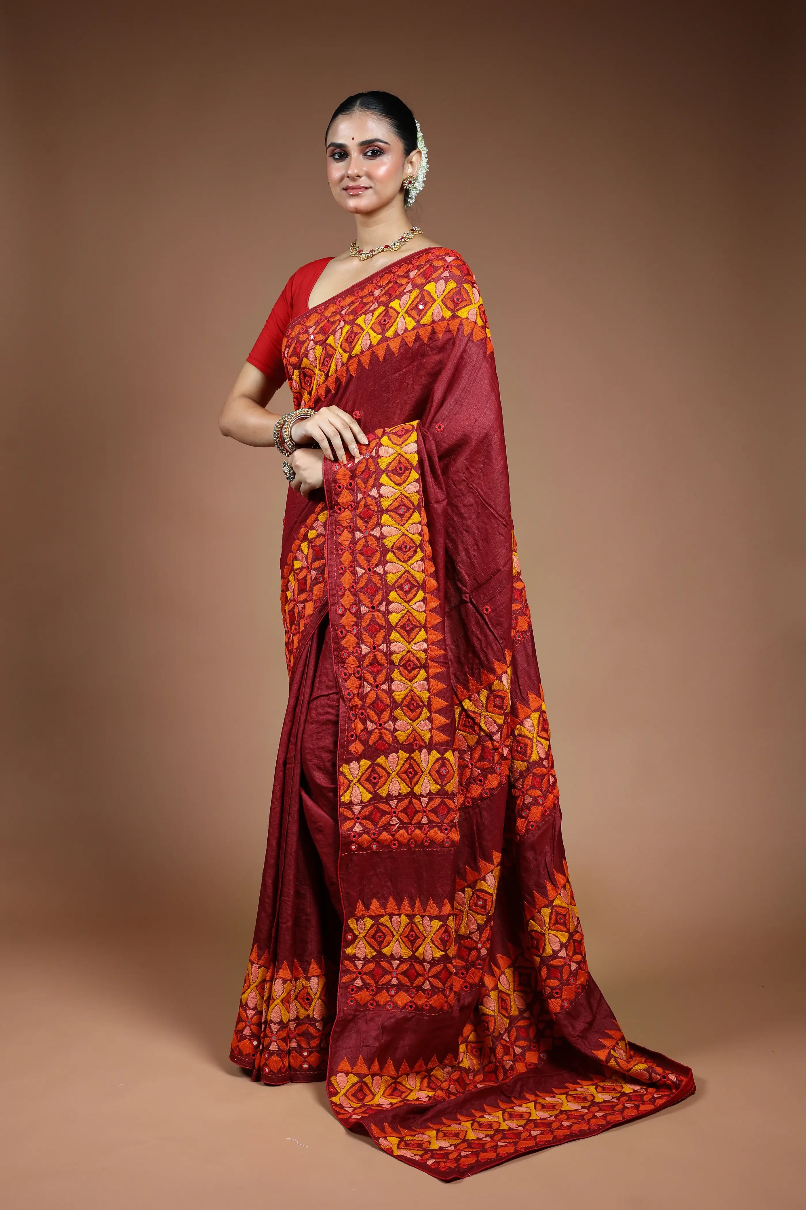 Maroon Tussar Kathiyawadi Saree with Blouse Piece