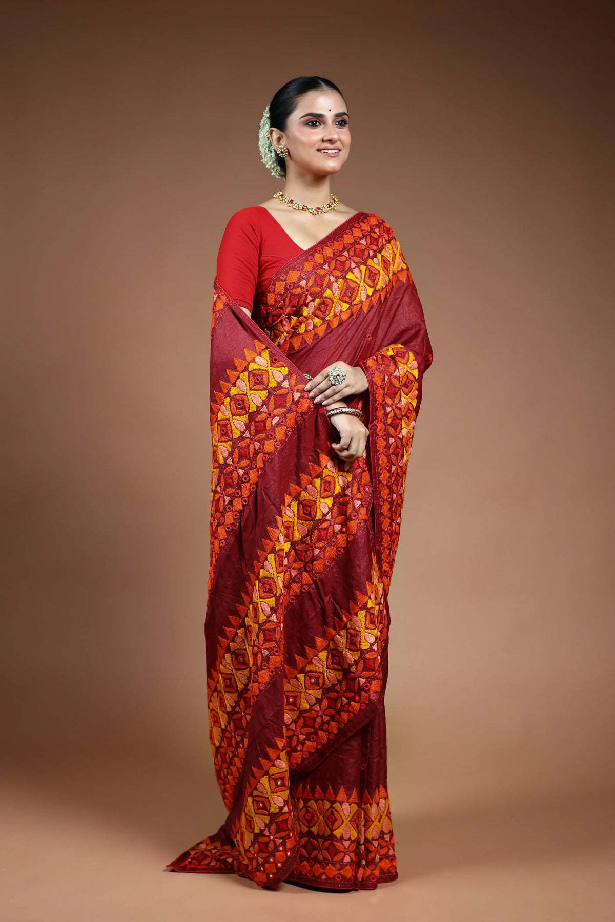 Maroon Tussar Kathiyawadi Saree with Blouse Piece