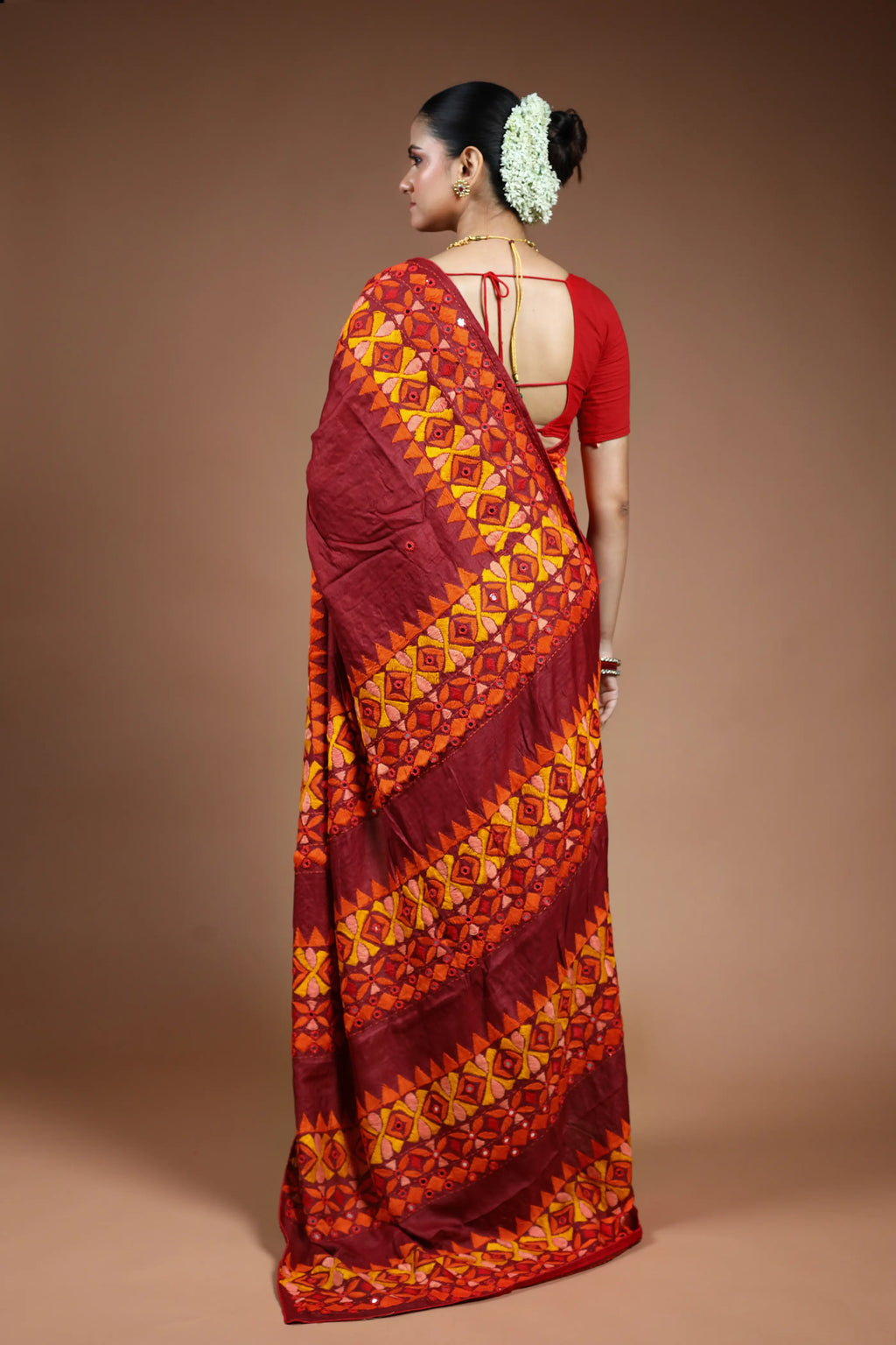 Maroon Tussar Kathiyawadi Saree with Blouse Piece