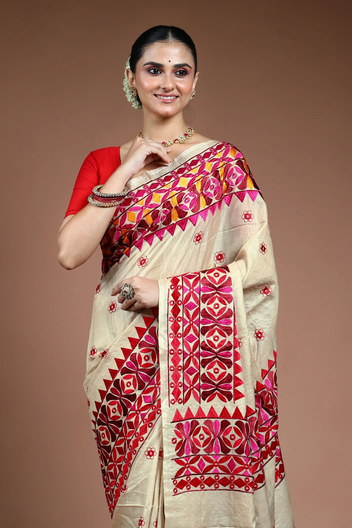 Beige Tussar Kathiyawadi Saree with Blouse Piece