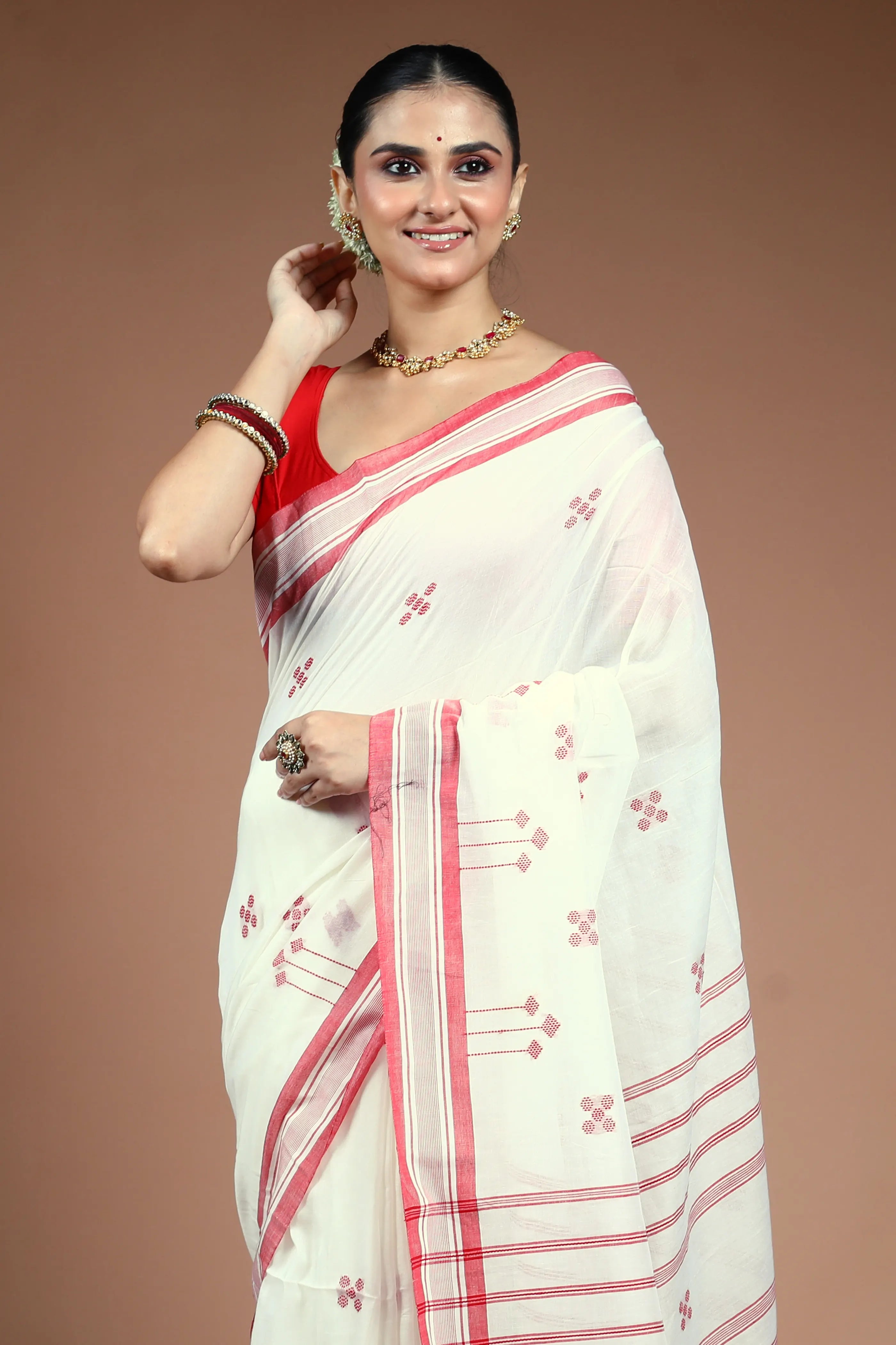 Red and White Cotton Saree with Blouse Piece