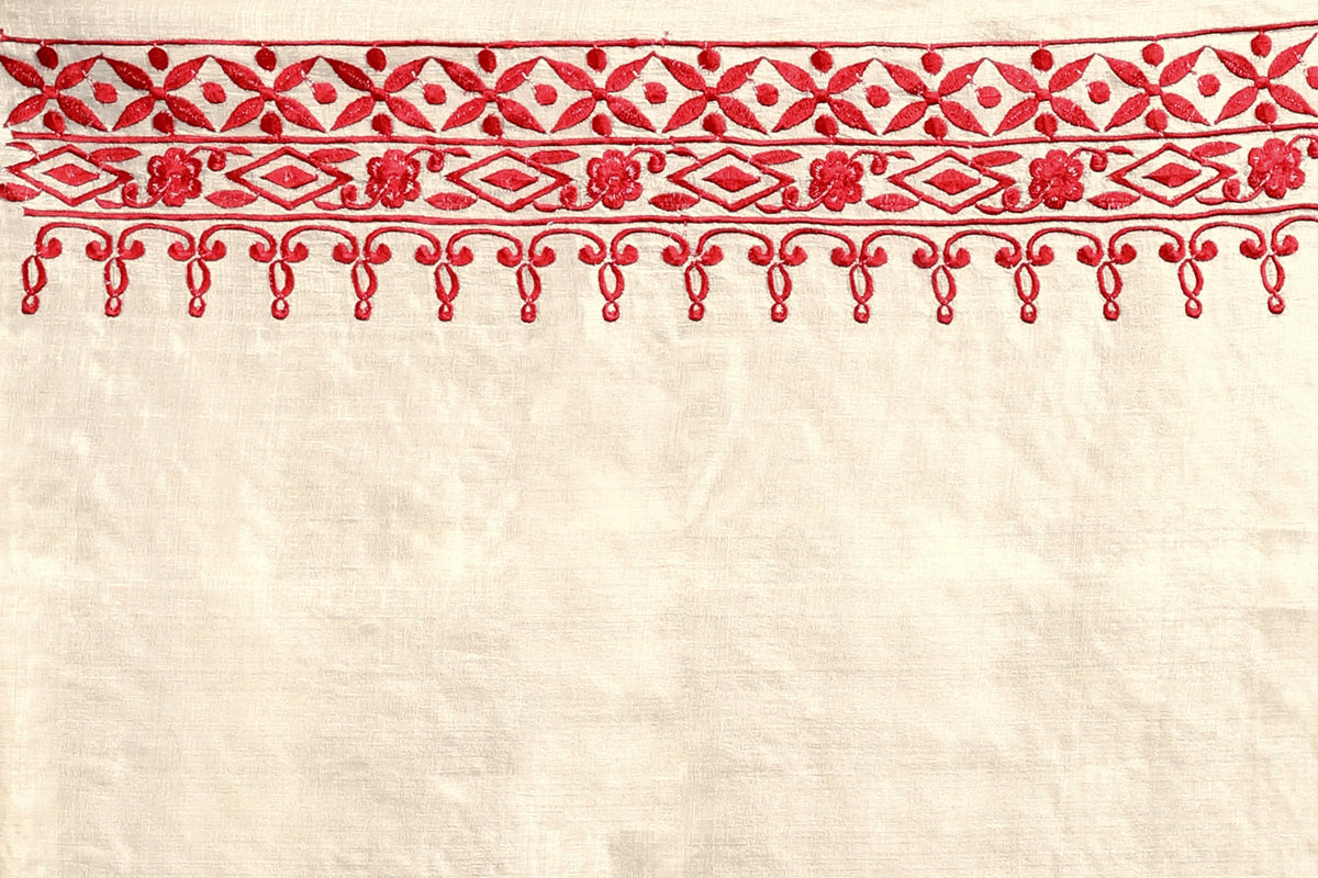 White Embroidery Tussar Saree with Blouse Piece