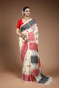 White Embroidery Tussar Saree with Blouse Piece