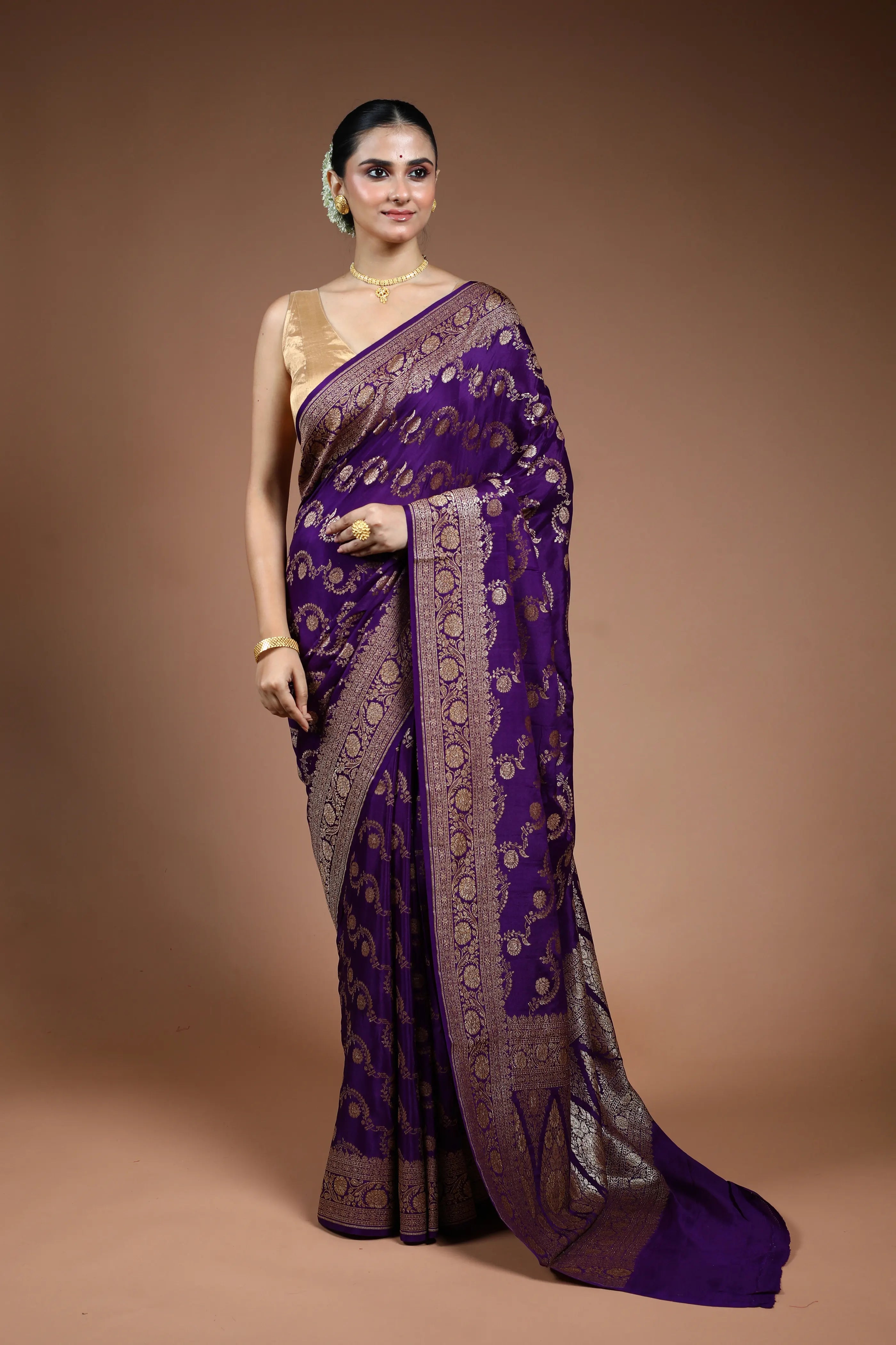 Purple Crepe  Banarasi Saree with Blouse Piece