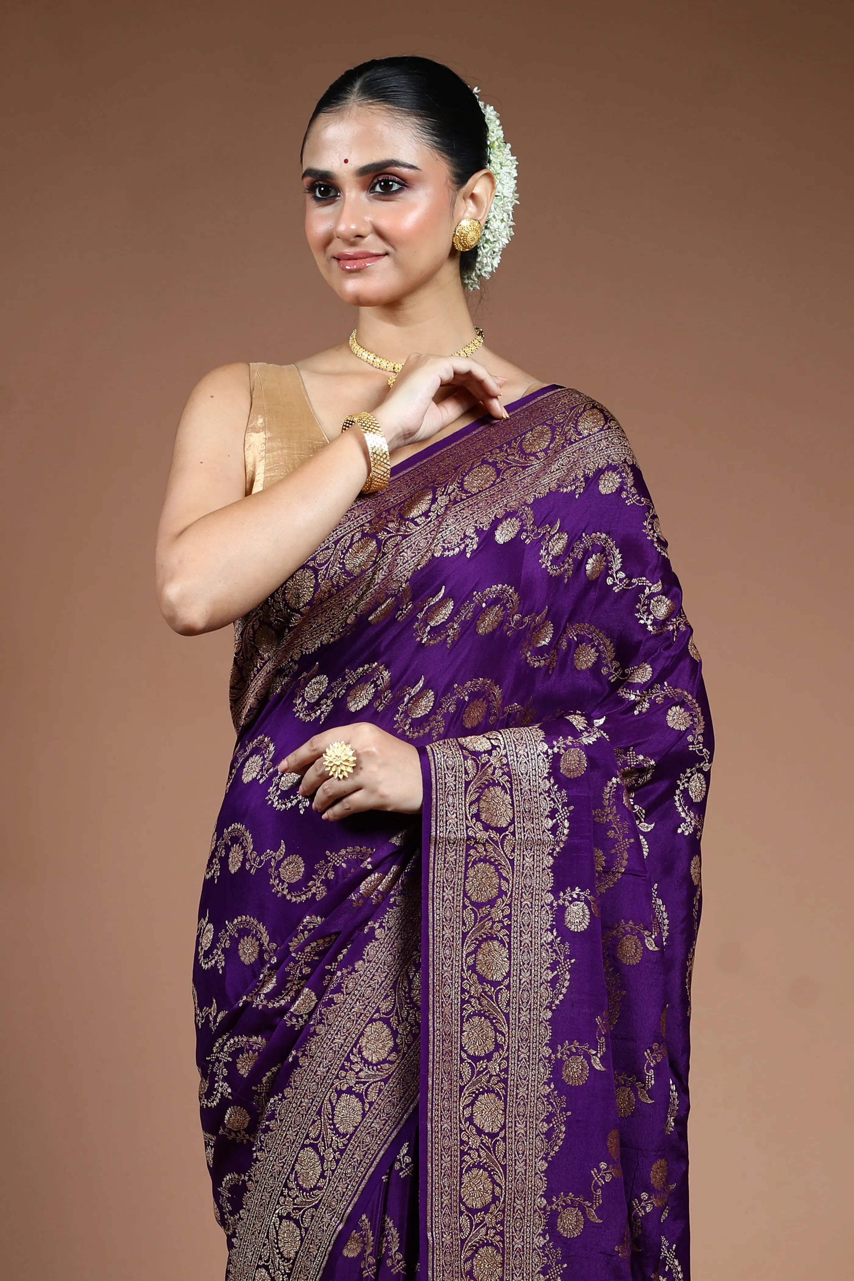 Purple Crepe  Banarasi Saree with Blouse Piece