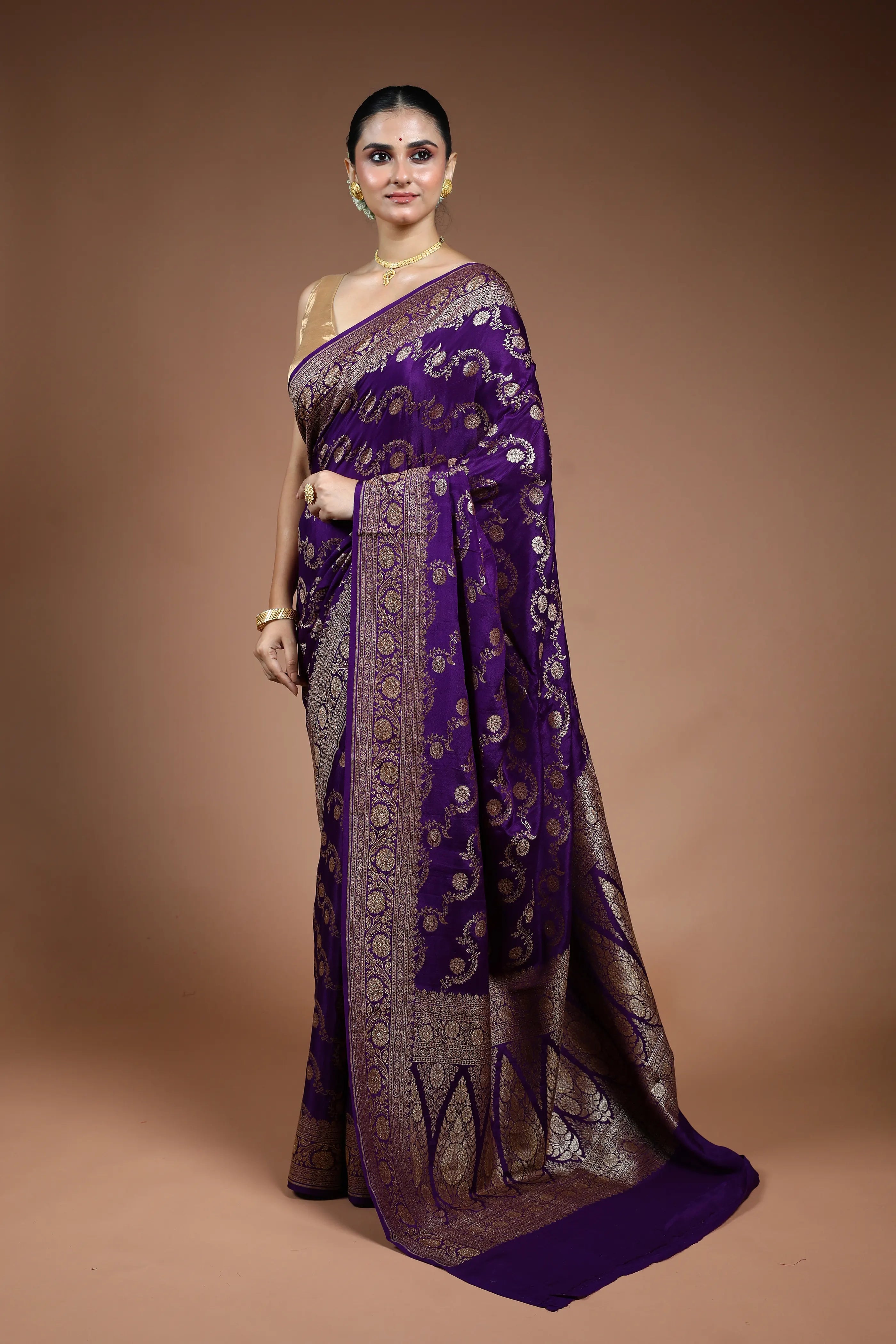 Purple Crepe  Banarasi Saree with Blouse Piece