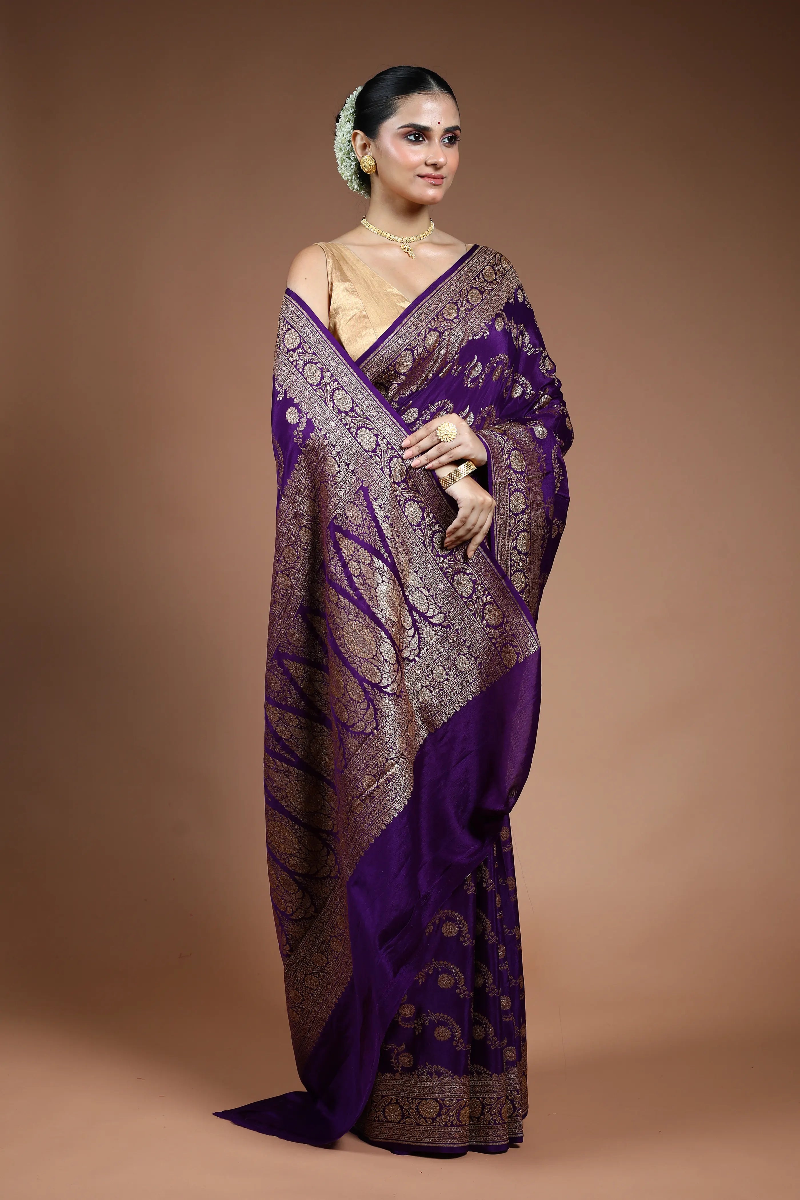 Purple Crepe  Banarasi Saree with Blouse Piece